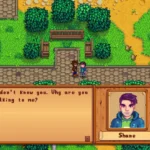 Shane trong Stardew Valley đang nhận một lon bia từ người chơi, biểu hiện sự tăng điểm tình cảm trong hệ thống tương tác NPC.