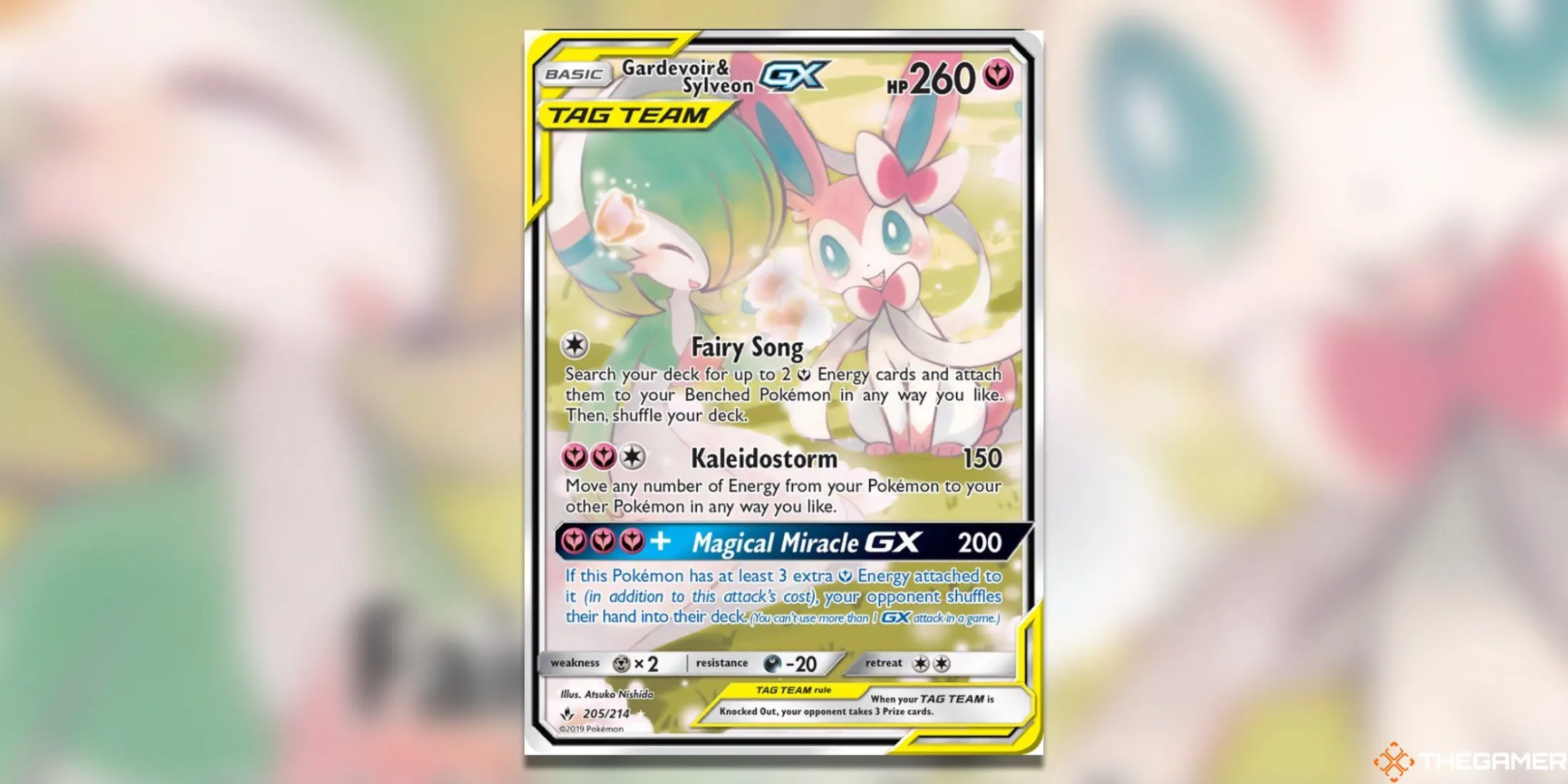 Thẻ bài Gardevoir &amp; Sylveon GX Alternate Full Art từ bộ Unbroken Bonds trong Pokemon TCG, thể hiện sự kết hợp hài hòa giữa Gardevoir và Sylveon.