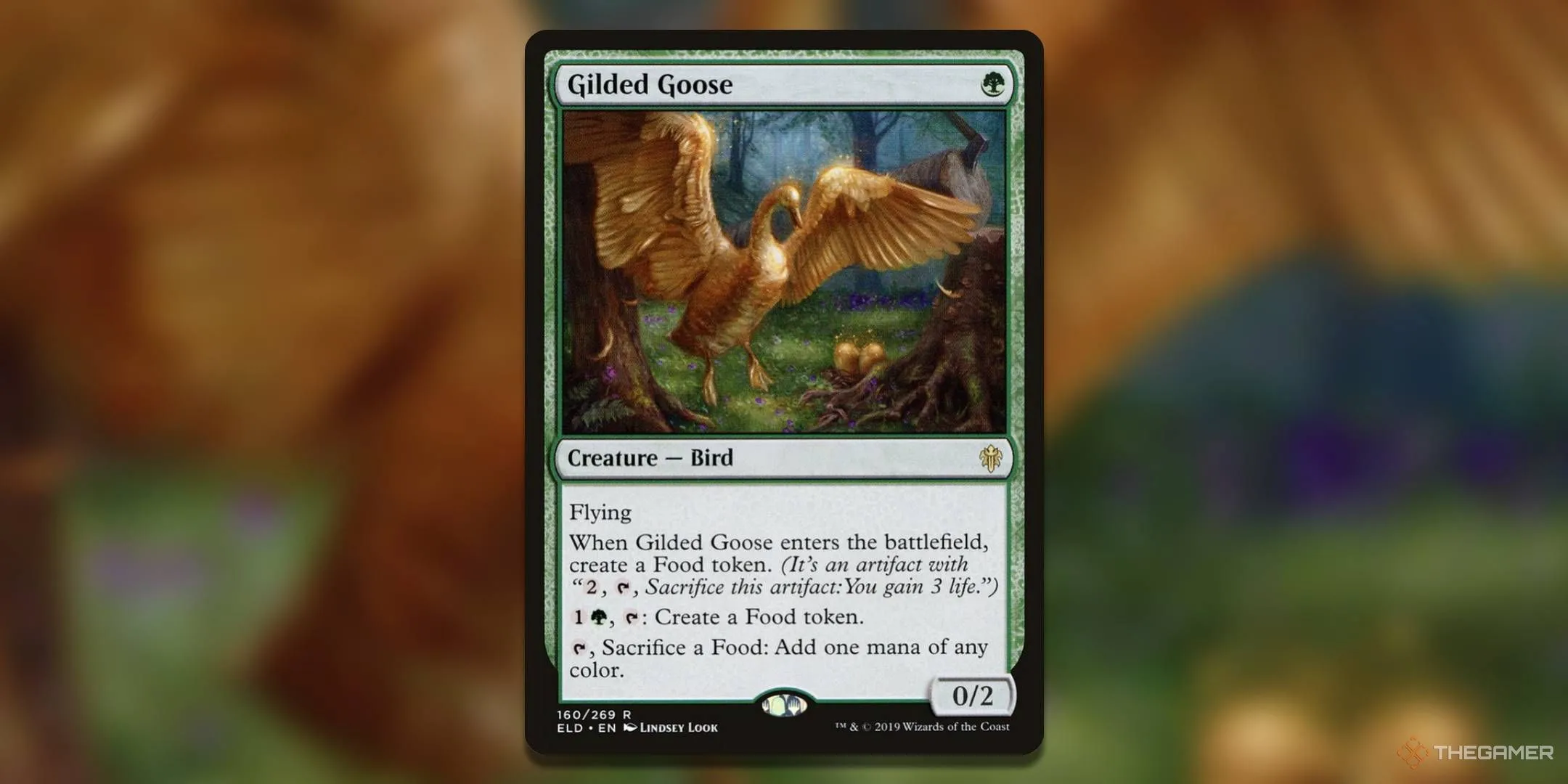 Thẻ bài Gilded Goose từ Magic: The Gathering với hình ảnh một con ngỗng đang ấp trứng vàng.
