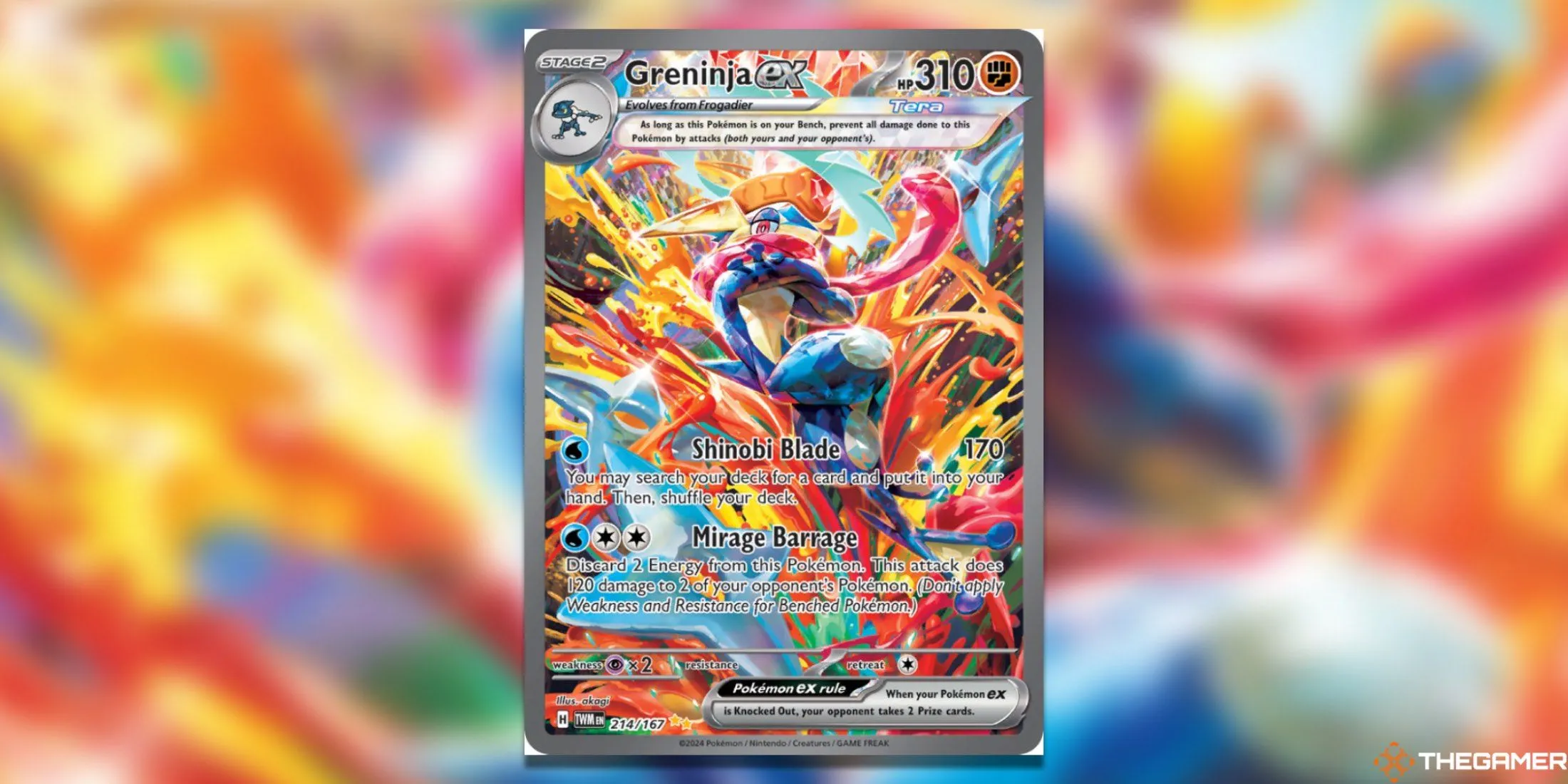Thẻ bài Greninja ex Special Illustration Rare (SIR) từ bộ Twilight Masquerade trong Pokemon TCG, với hình ảnh Greninja nổi bật trên nền rực rỡ.