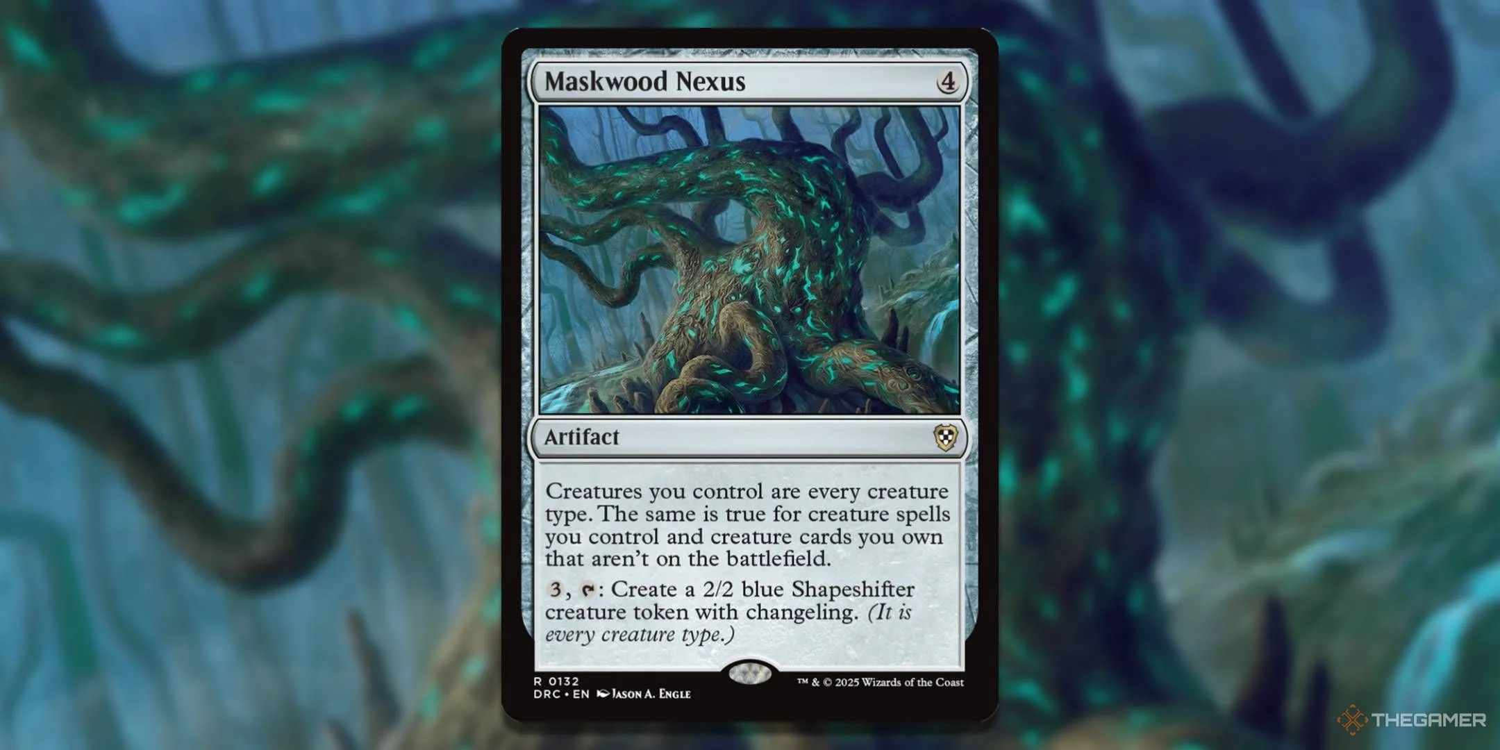 Thẻ bài Magic: The Gathering Maskwood Nexus với hình minh họa trừu tượng phía sau.