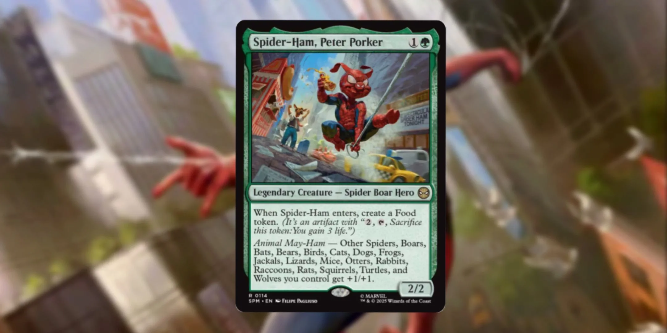 Thẻ bài Spider-Ham, Peter Porker từ Magic: The Gathering với chỉ số và khả năng được hiển thị rõ nét.
