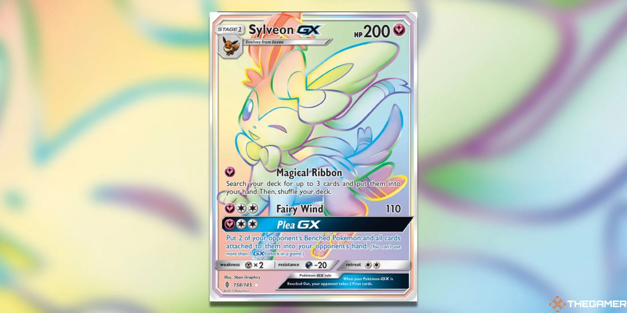 Thẻ bài Sylveon GX Secret Rare từ bộ Guardians Rising trong Pokemon TCG, thể hiện vẻ đẹp lấp lánh của Sylveon.