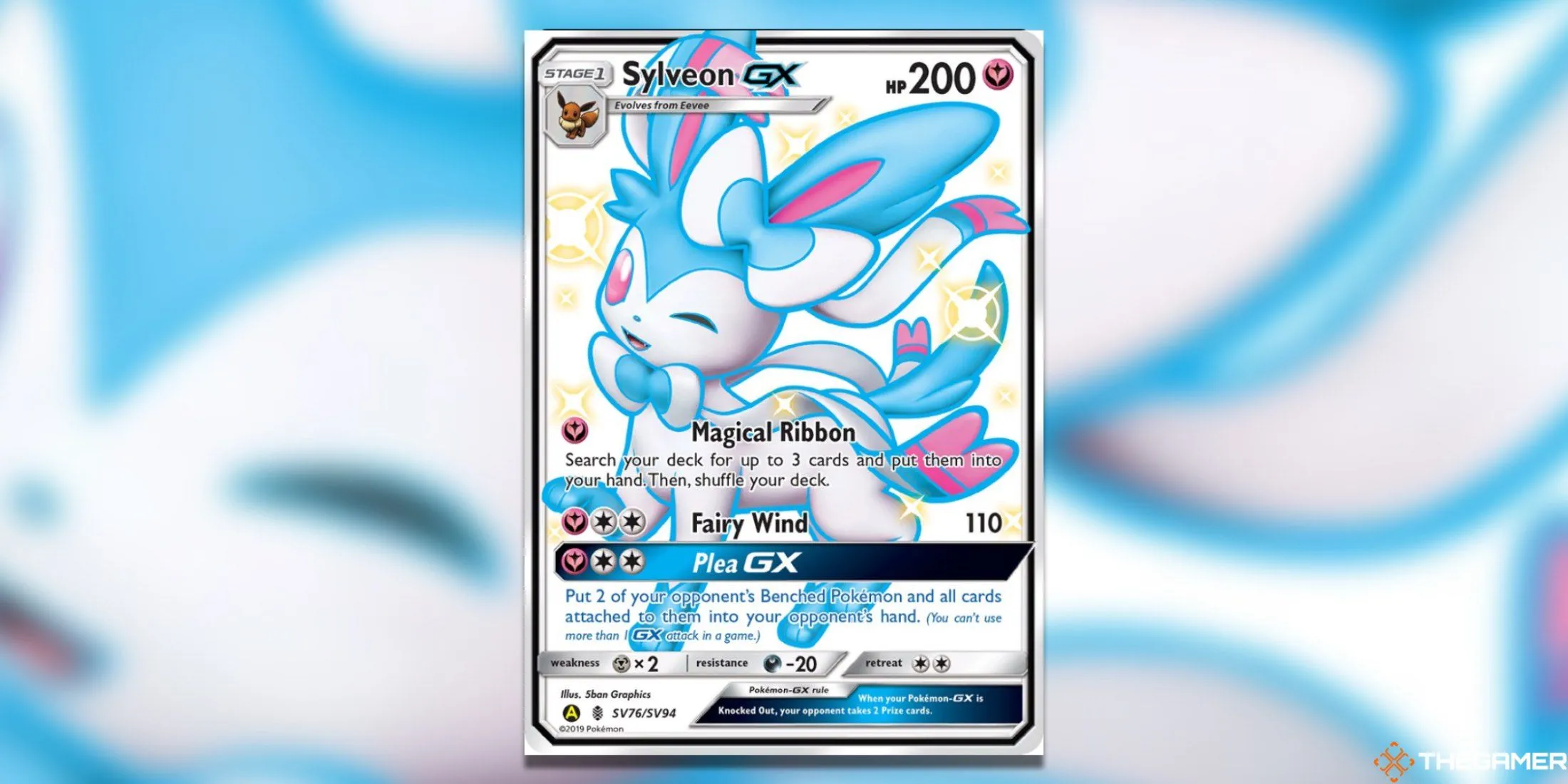 Thẻ bài Sylveon GX Shiny Holo Rare từ Hidden Fates Shiny Vault trong Pokemon TCG, nổi bật với màu sắc kẹo bông gòn đặc trưng.