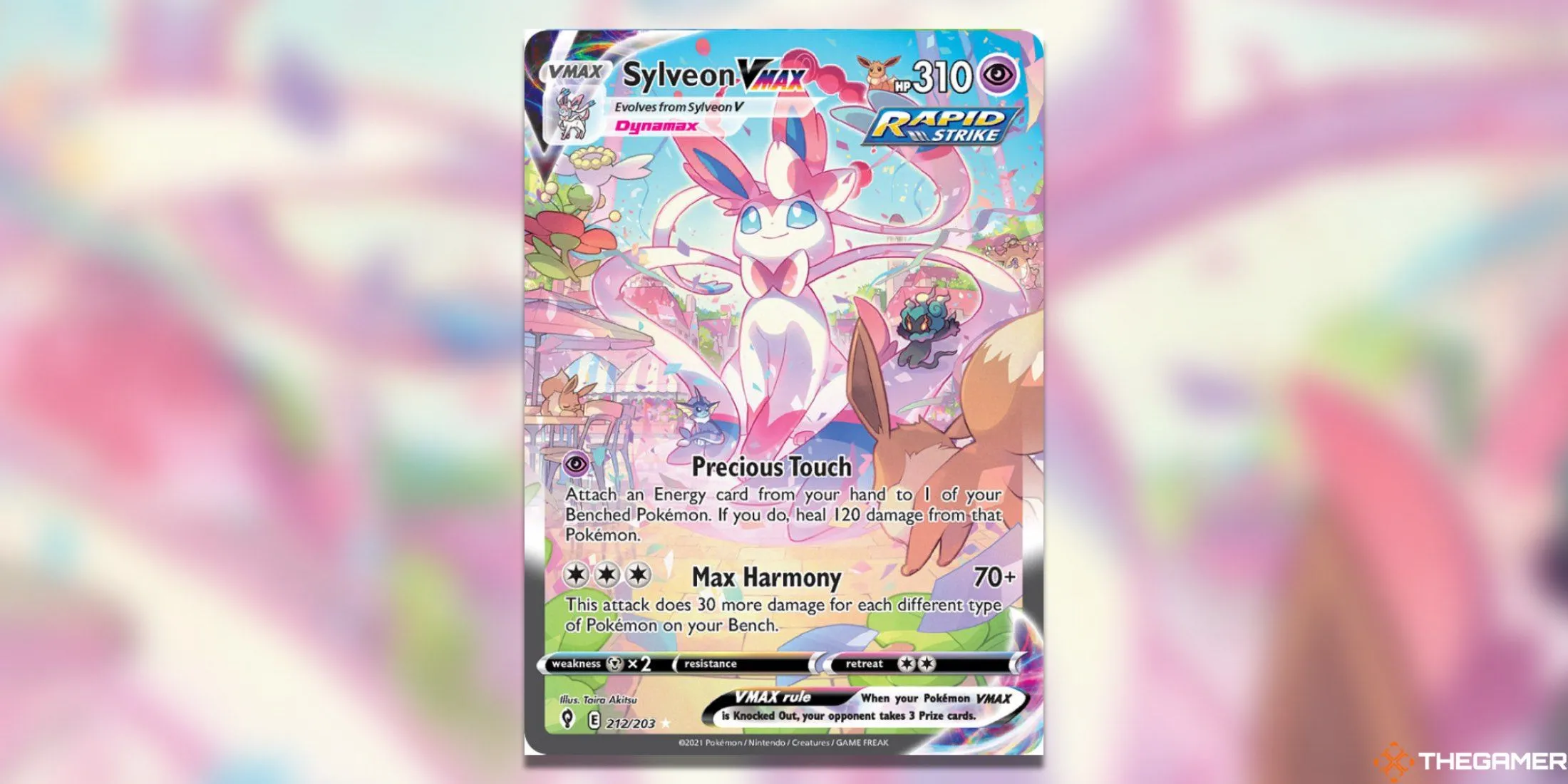 Thẻ bài Sylveon VMAX Alternate Art Secret từ bộ Evolving Skies trong Pokemon TCG, với Sylveon bay lượn giữa không trung và nhiều Pokemon nhỏ khác.