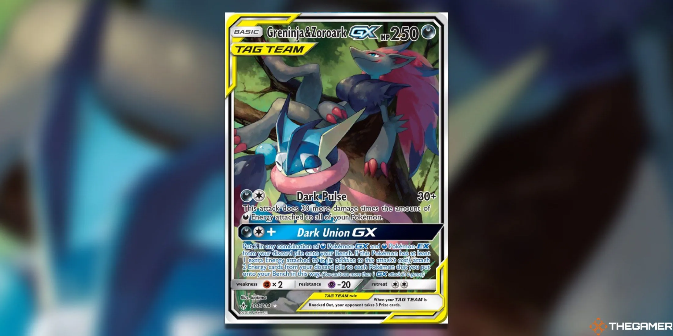 Thẻ bài Tag Team Greninja &amp; Zoroark GX Alternate Full Art từ bộ Unbroken Bonds trong Pokemon TCG, thể hiện sự kết hợp uy lực của hai Pokemon.