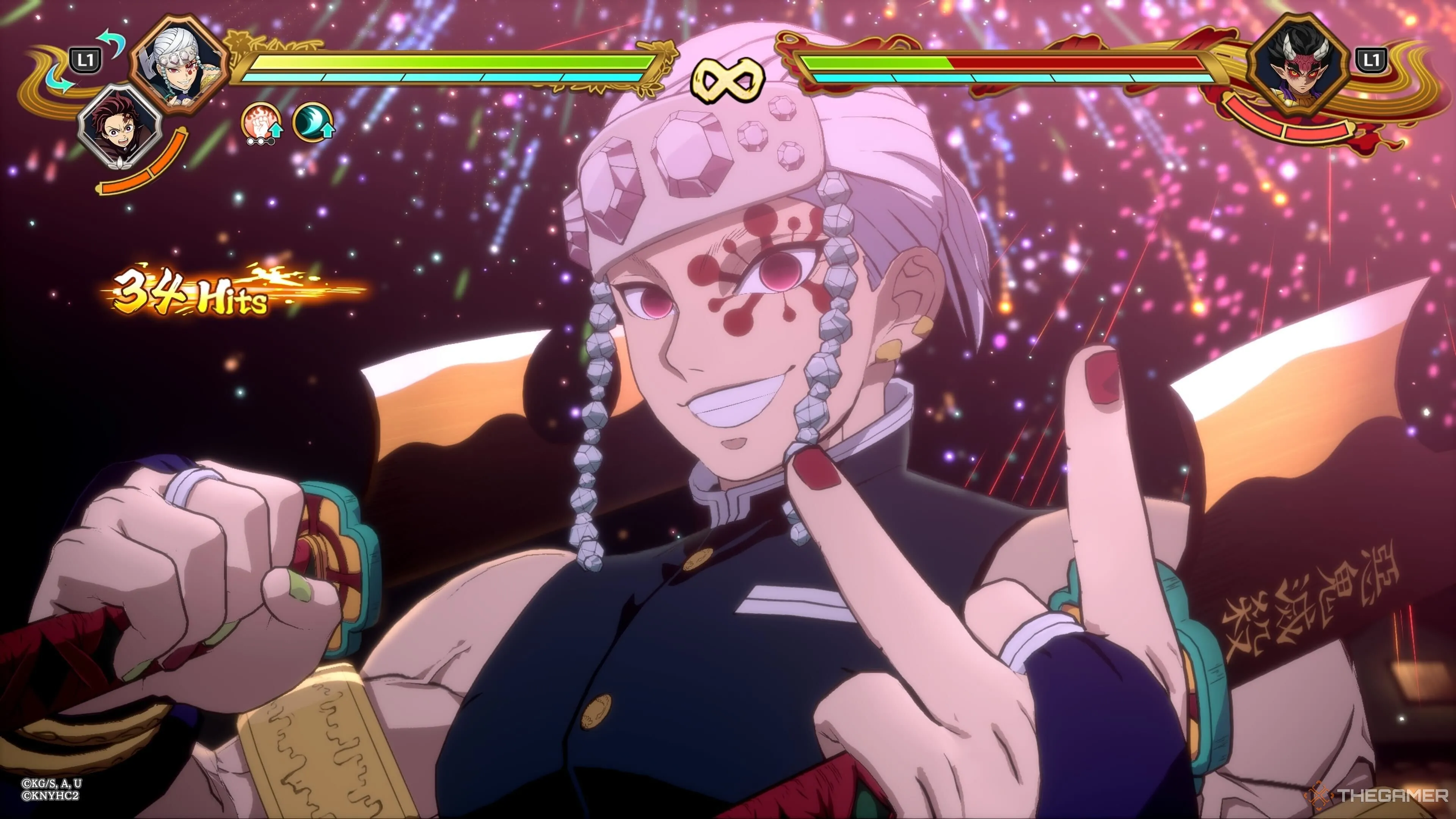Trụ Cột Âm Thanh Uzui Tengen thi triển chiêu thức Ultimate trong Demon Slayer Hinokami Chronicles 2