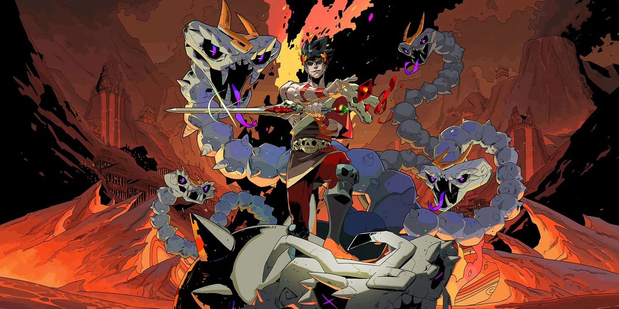 Zagreus, nhân vật chính của Hades, đứng trên đầu một con Hydra đã bị đánh bại, thể hiện sự kiên cường và sức mạnh trong cuộc trốn thoát.