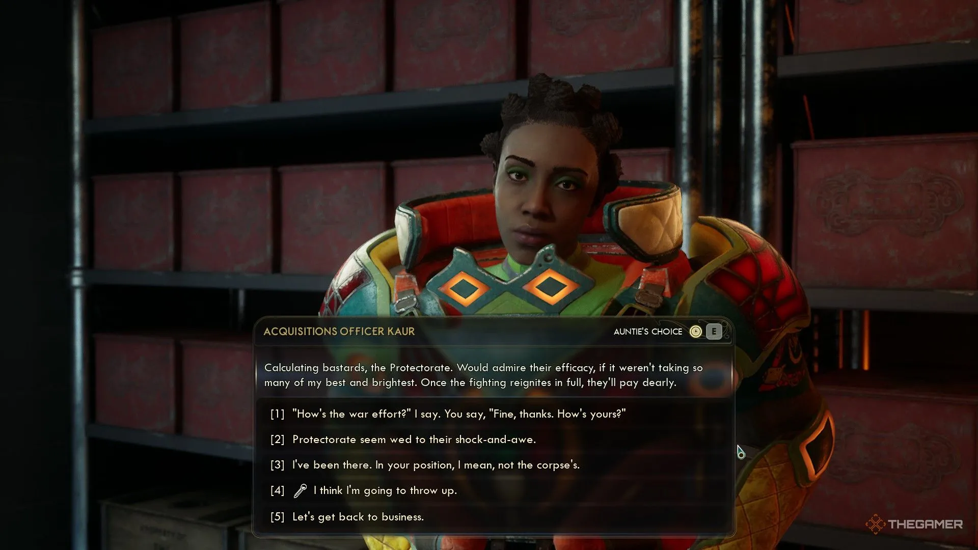 Acquisitions Officer Kaur trong The Outer Worlds 2 với bộ giáp màu sắc lớn