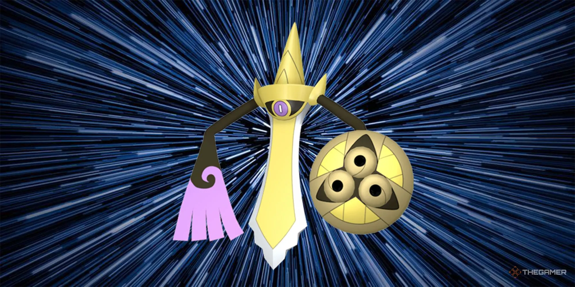 Aegislash với nền warp, nhấn mạnh ý tưởng Mega tiến hóa kết hợp stance change của Kalos