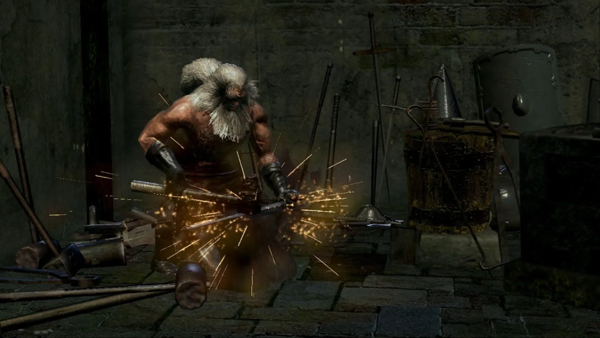 Andre of Astora đang rèn vũ khí, dễ bị trúng đòn khi người chơi test vũ khí mới