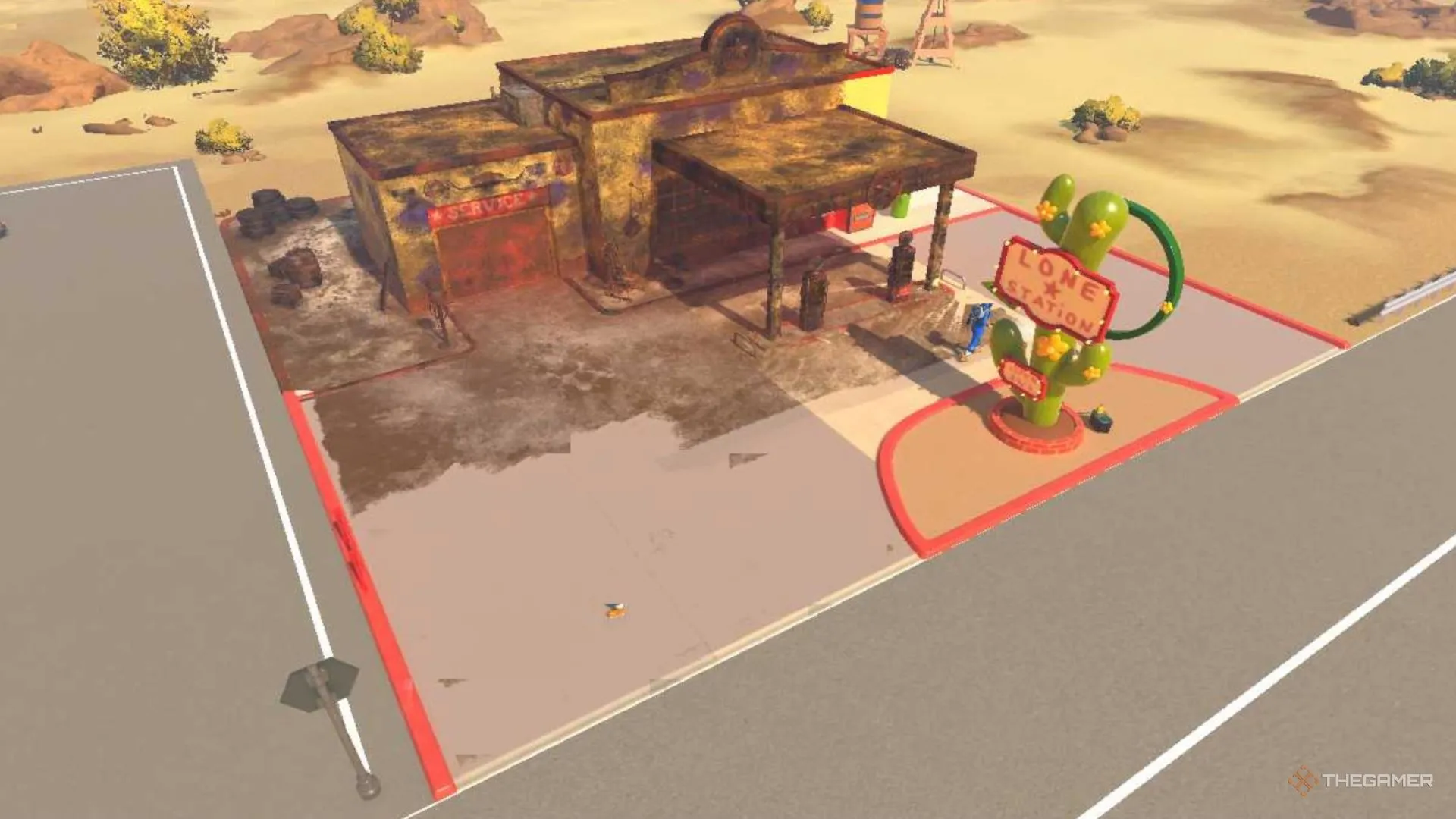 Bảng hiệu ngoài cùng trạm xăng được làm sạch, phần còn lại vẫn phủ bẩn trong PowerWash Simulator 2