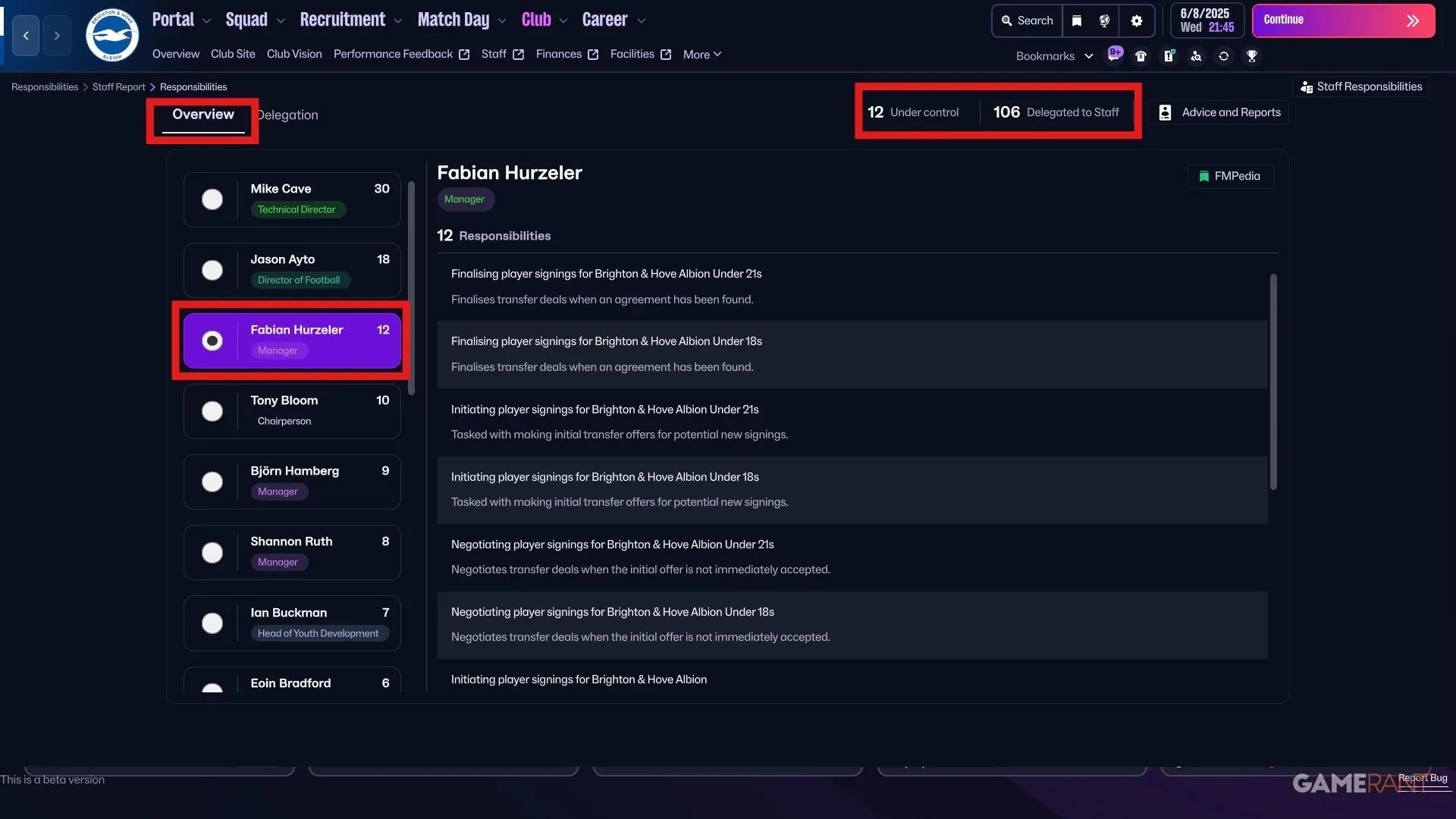 Bảng Overview hiển thị X Under Control và X Delegated to Staff trong FM26