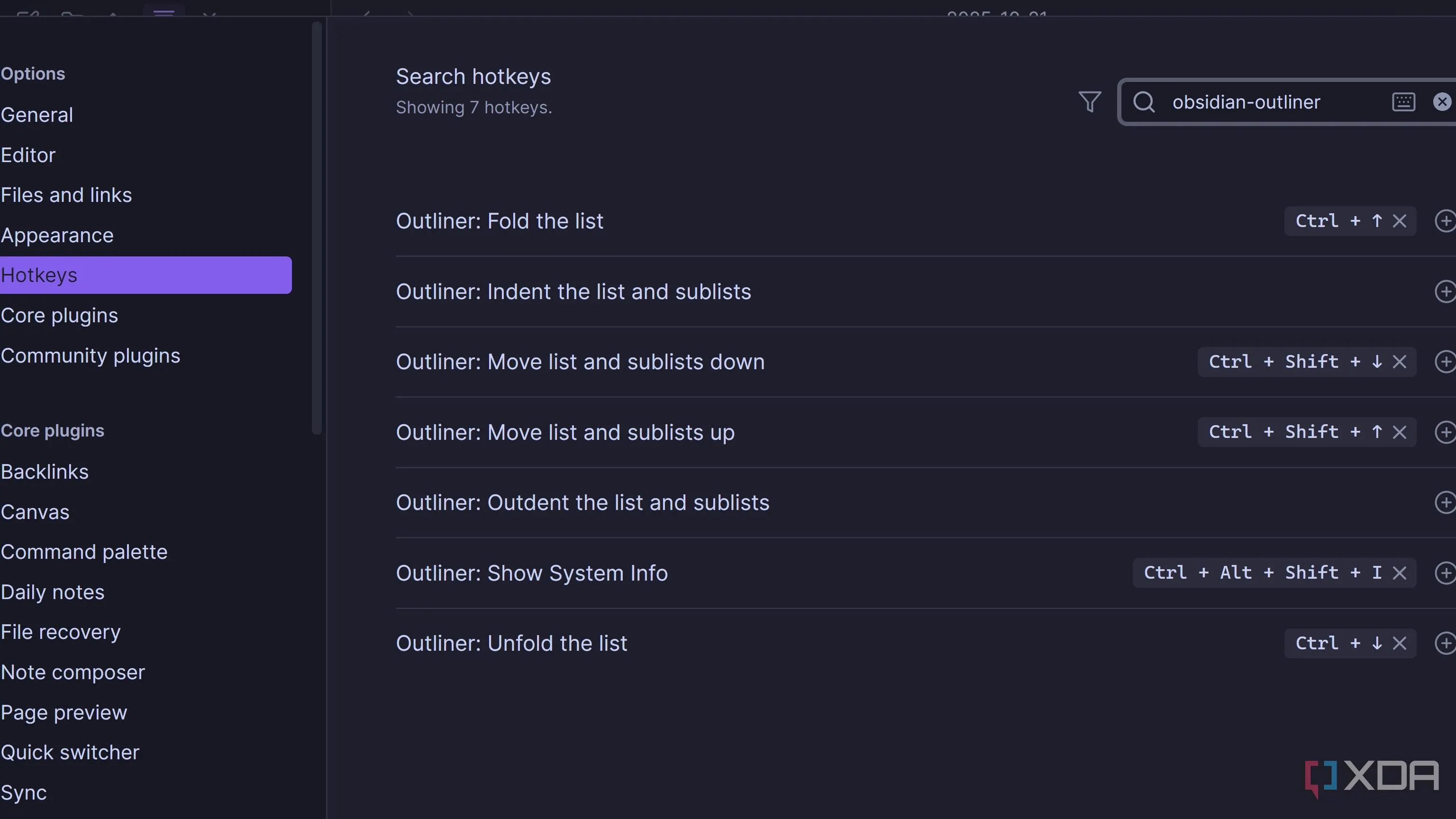 Bảng phím tắt Outliner cho Obsidian, liệt kê các hotkeys điều hướng danh sách
