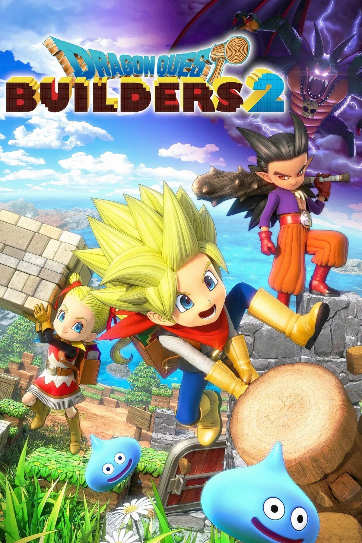 Bìa Dragon Quest Builders 2 với cảnh xây dựng kiểu block và pha trộn yếu tố phiêu lưu, mô tả chế độ co-op và hệ thống nhiệm vụ