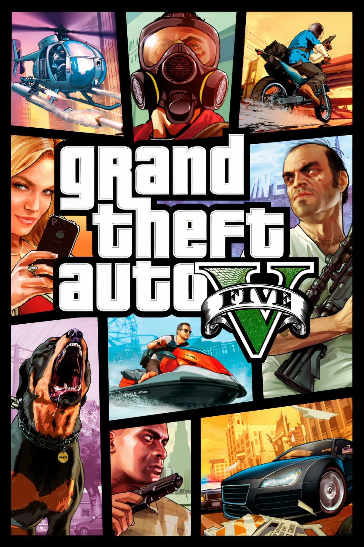 Bìa Grand Theft Auto V thể hiện Los Santos và ba nhân vật chính, nhấn mạnh chế độ chơi đơn và GTA Online