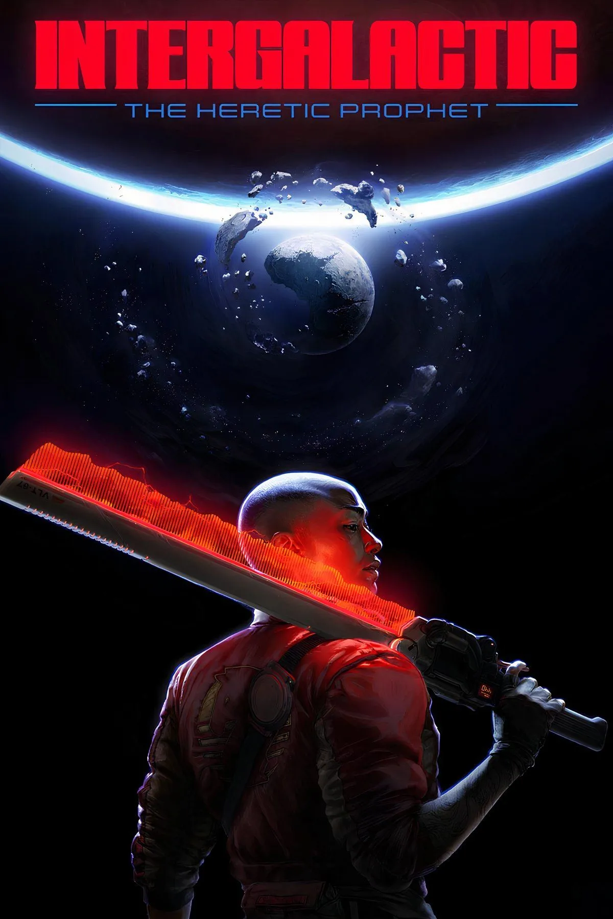 Bìa Intergalactic: The Heretic Prophet tông retro-futuristic với palette neon và synthwave