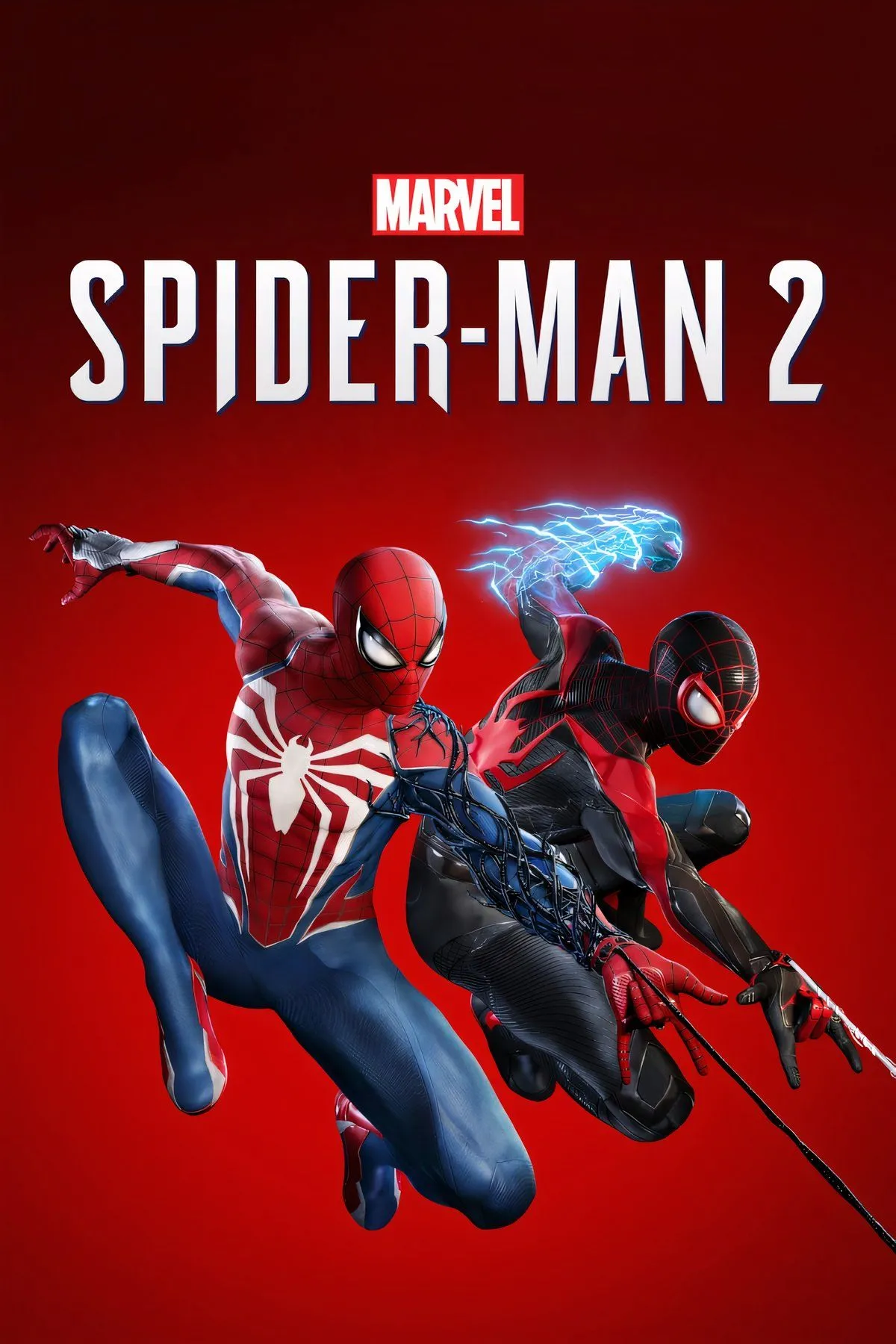 Bìa Marvel's Spider-Man 2 với cảnh Người Nhện quăng tơ trên nền tòa nhà New York, mô tả cơ chế di chuyển và cốt truyện hai nhân vật chính