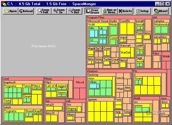 Biểu tượng SpaceMonger và chế độ hiển thị trực quan treemap để dọn dẹp ổ đĩa