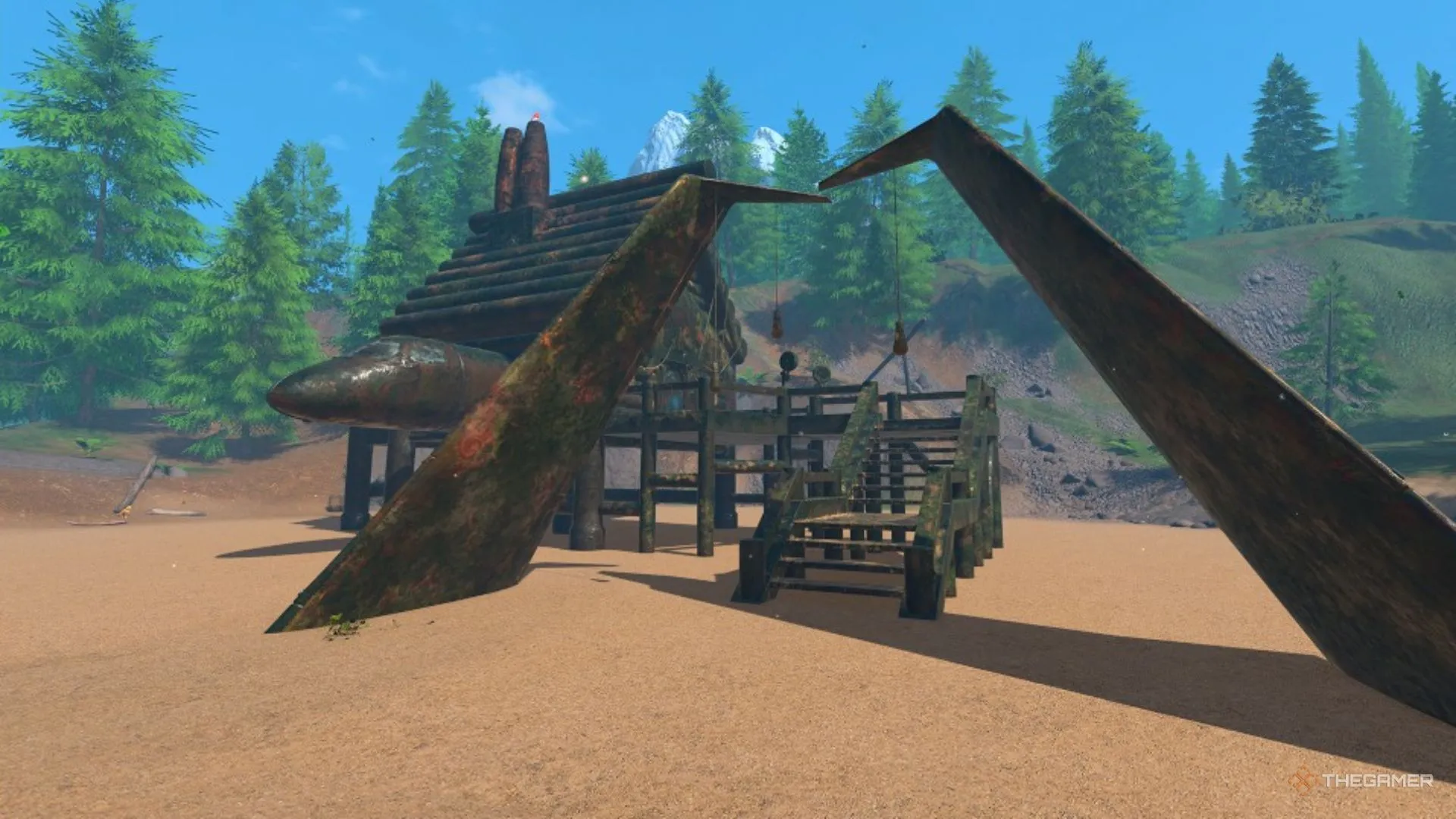 Căn nhà Salvage dựng trên trụ với phần khung là cánh máy bay, cần xử lý nhiều chi tiết cao thấp