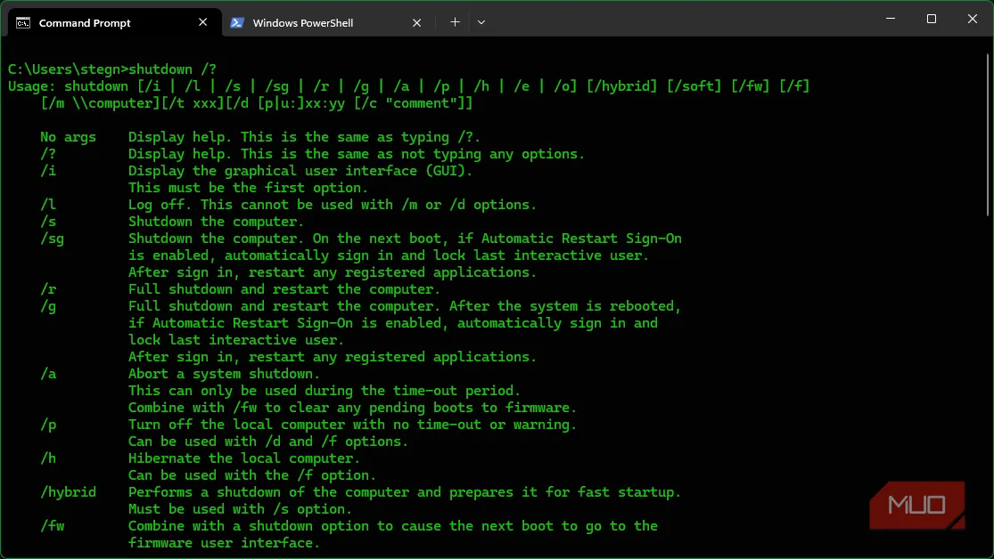 Câu lệnh shutdown trong Command Prompt với các tham số /s /r /t để điều khiển tắt/mở máy