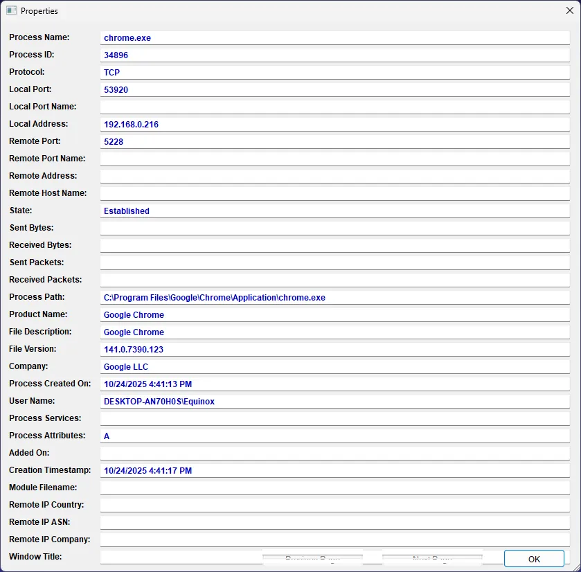 Chi tiết tiến trình Chrome hiển thị trong CurrPorts: PID, đường dẫn file và port liên quan.