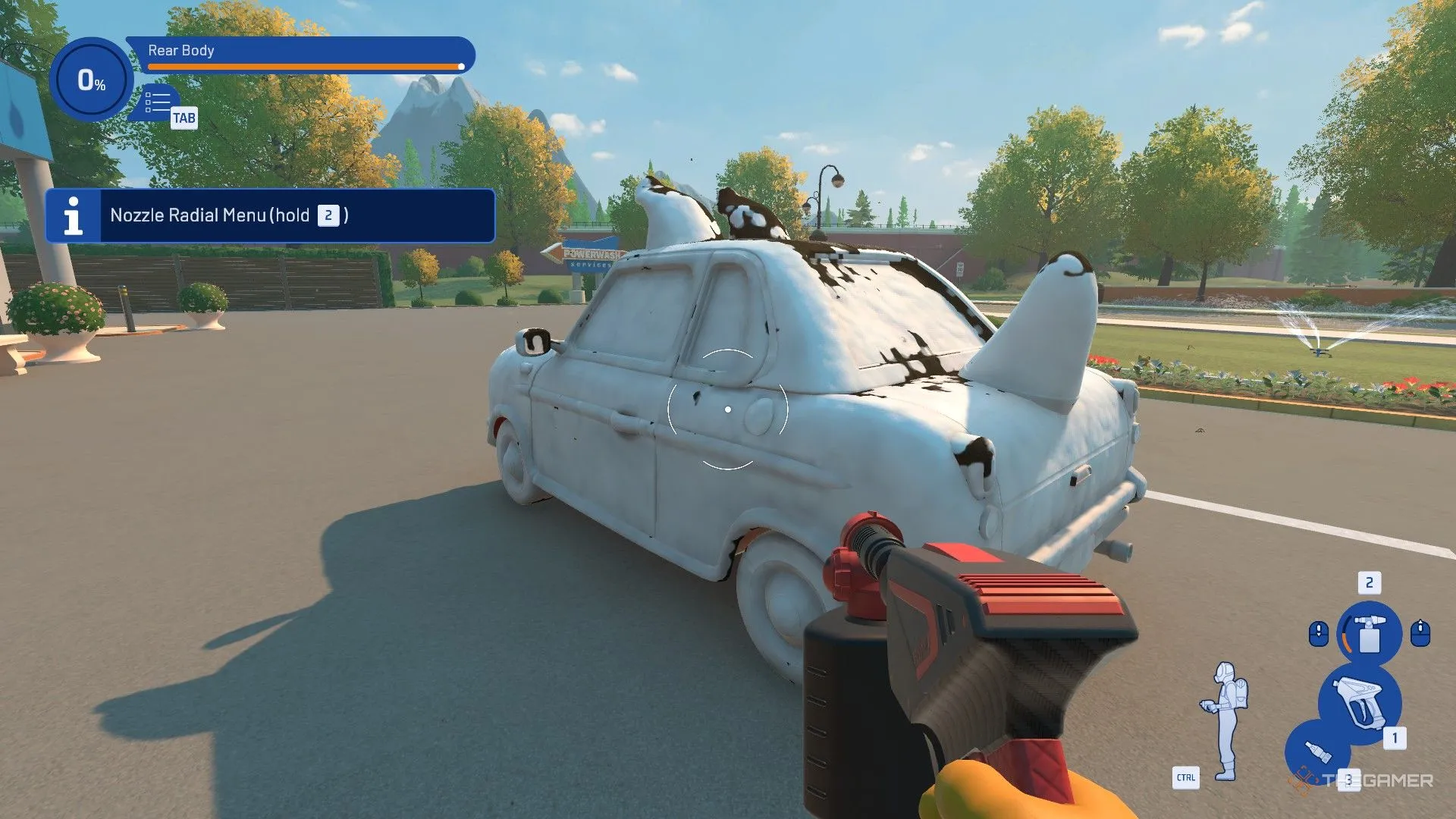 Chiếc xe trang trí họa tiết chú chó phủ bọt xà phòng trong PowerWash Simulator 2, minh họa cơ chế xà phòng chung.