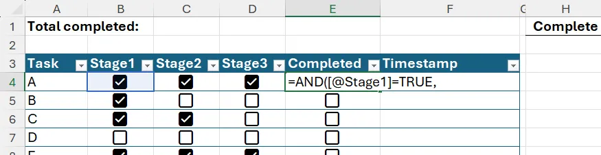 Công thức AND kiểm tra trạng thái checkbox trong Stage1 để điều khiển checkbox Completed