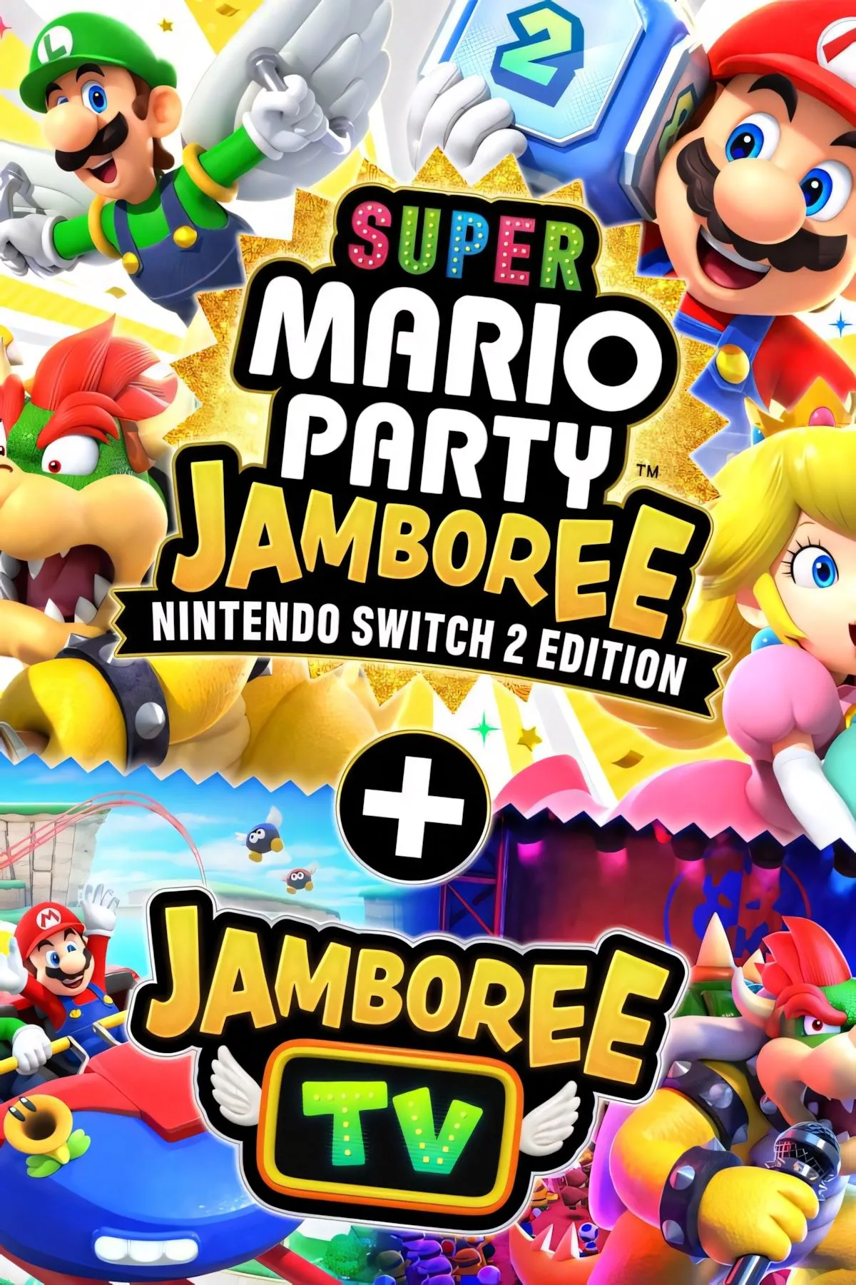 Cover Super Mario Party Jamboree Switch 2 Edition, mini‑game và Jamboree TV thao tác camera trên Switch 2