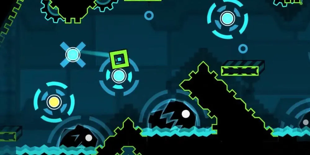 Cube nhảy qua chướng ngại vật trong Geometry Dash, minh họa phần thưởng icon và trail