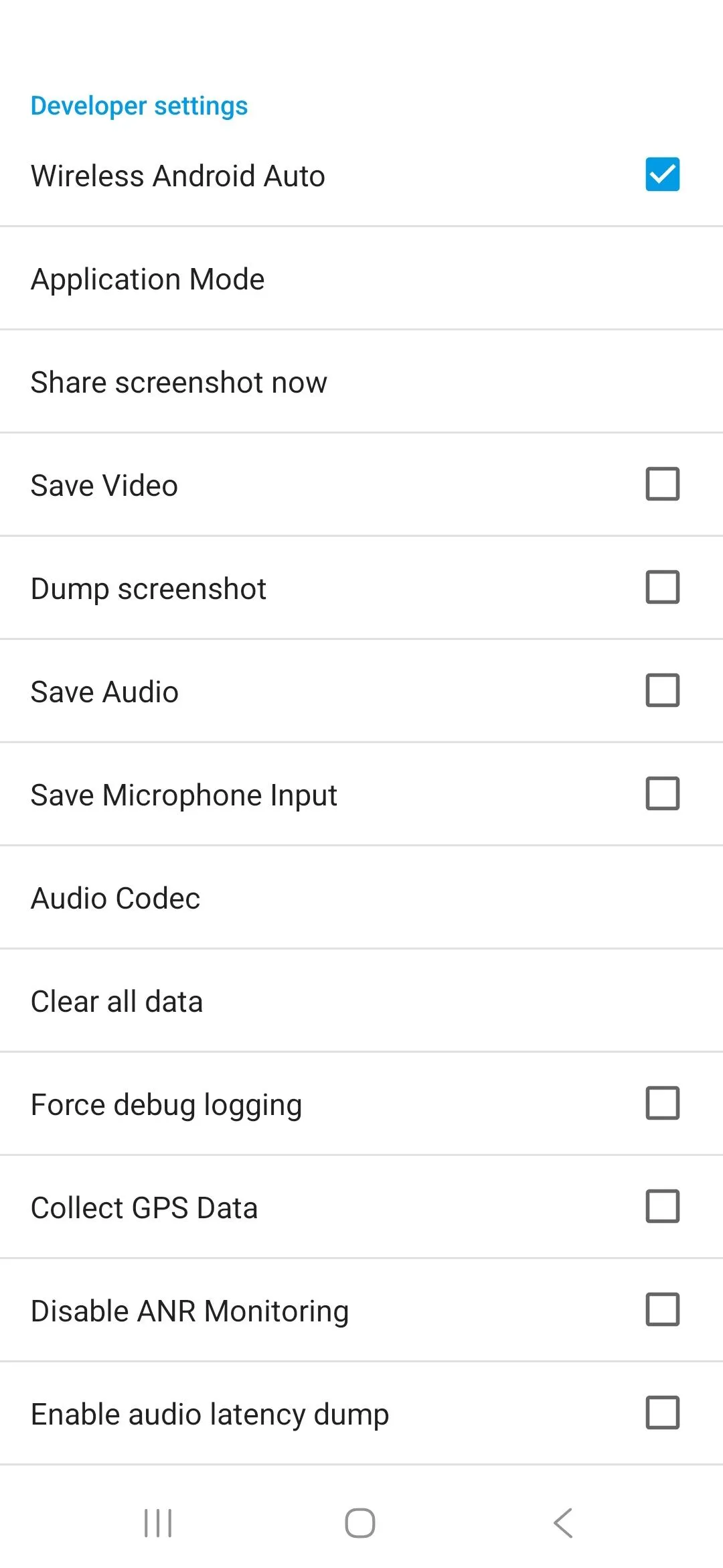 Danh sách tùy chọn developer bao gồm Save Audio và Save Video đang tắt