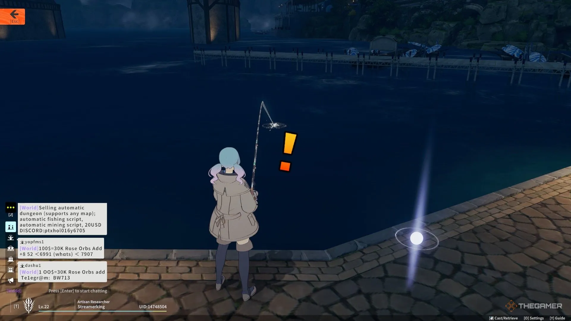 Dấu chấm than báo hiệu bạn đã mắc câu, hiển thị trong minigame câu cá Blue Protocol