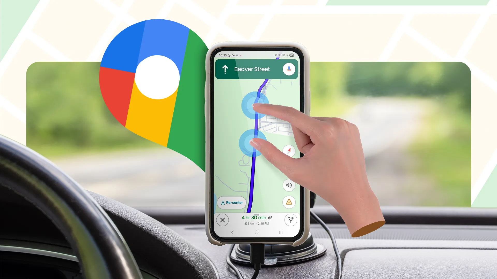 Điện thoại hiển thị Google Maps trên ô tô với thao tác pinch