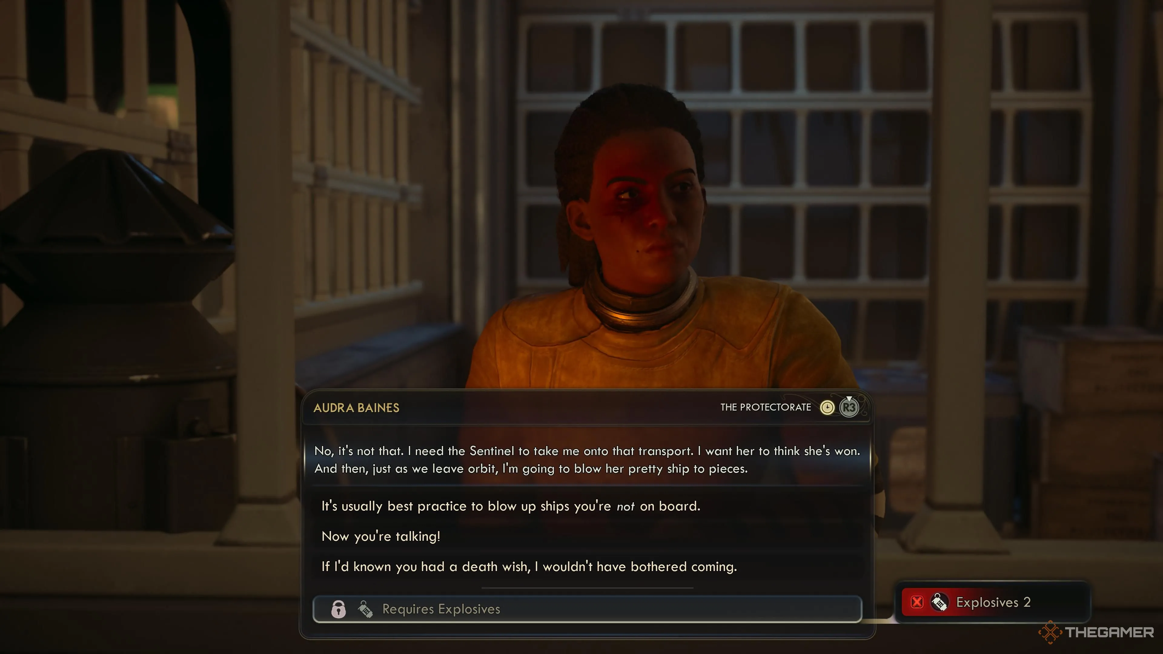 Đối thoại với Audra trong ô giam, trình bày lựa chọn về cipher và kế hoạch tự sát trên con tàu Protectorate