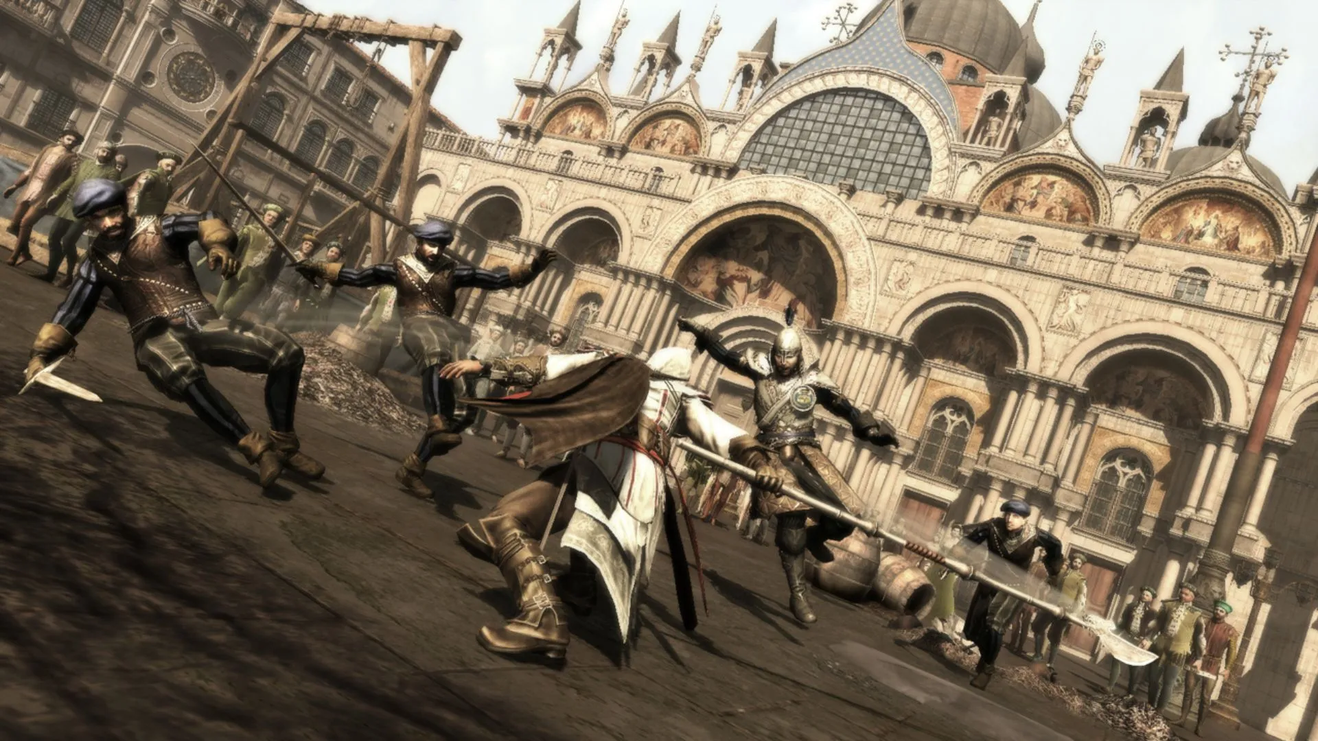 Ezio swing weapon tại đám lính trong Assassin's Creed 2, minh họa timing counter và phòng thủ có nhịp điệu