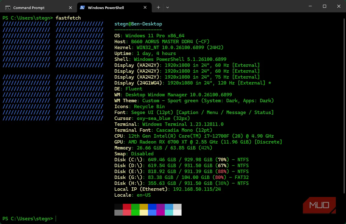 Fastfetch hiển thị thông tin phần cứng và Windows dưới dạng ASCII art dễ chia sẻ khi kiểm tra cấu hình cho game thủ
