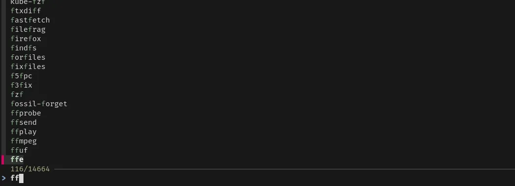 FFZF hiển thị danh sách lệnh từ cheat.sh, hộp tìm kiếm đang lọc bằng ký tự FF