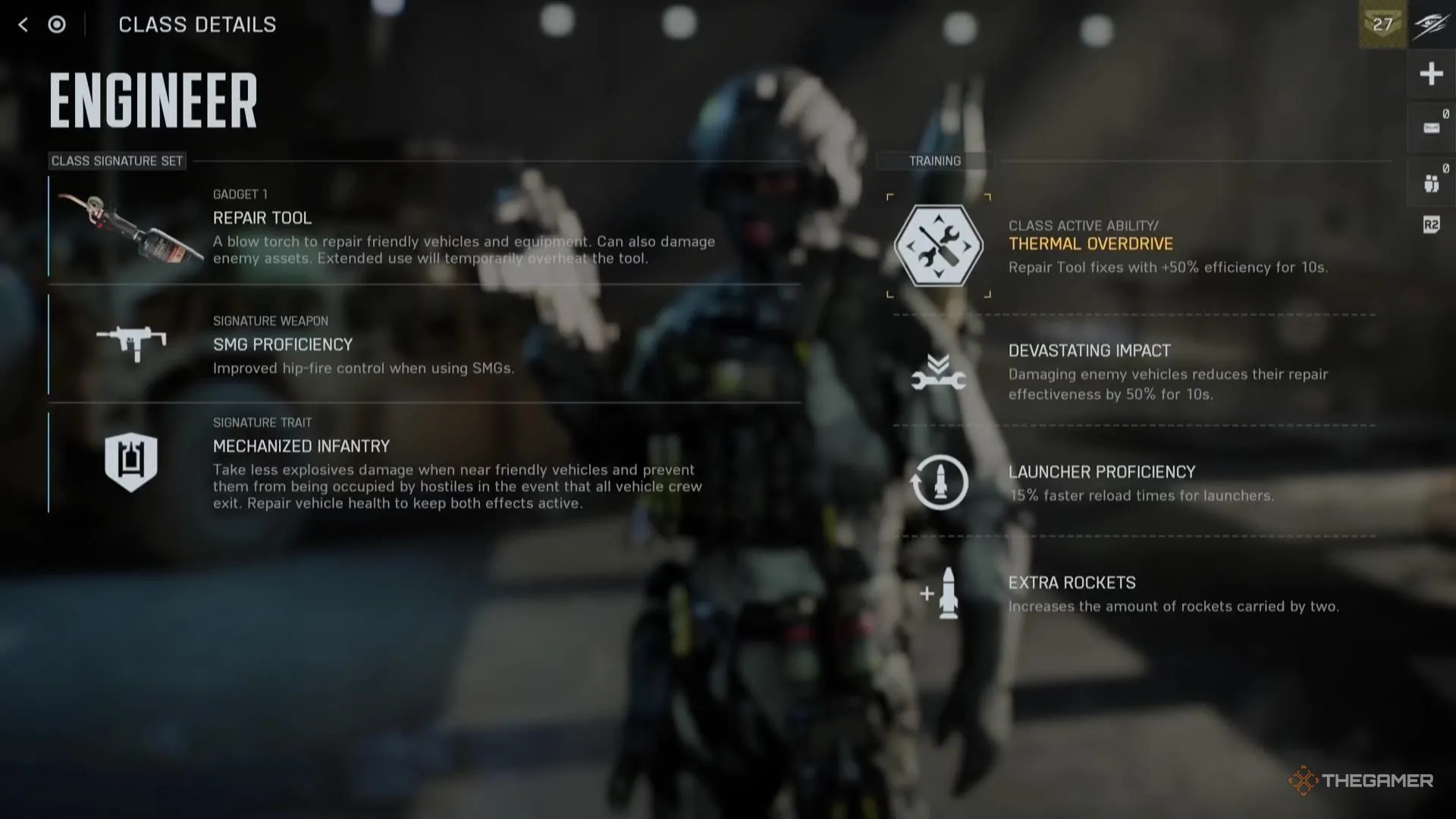 Giao diện chi tiết lớp Engineer trong Battlefield 6, hiển thị hai lộ trình Training Paths và mô tả perk chính