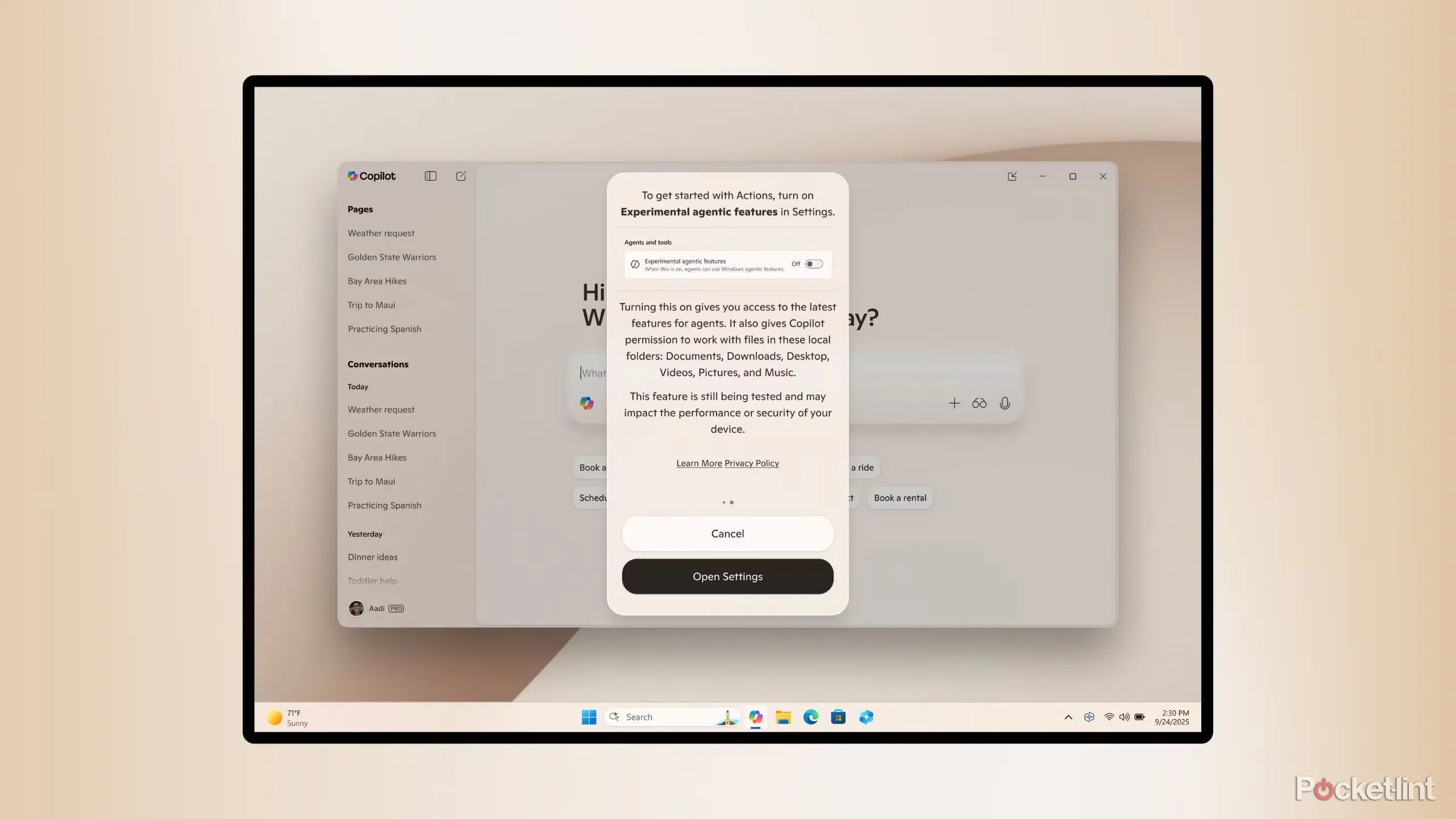 Giao diện Copilot và ví dụ thao tác trên Windows 11