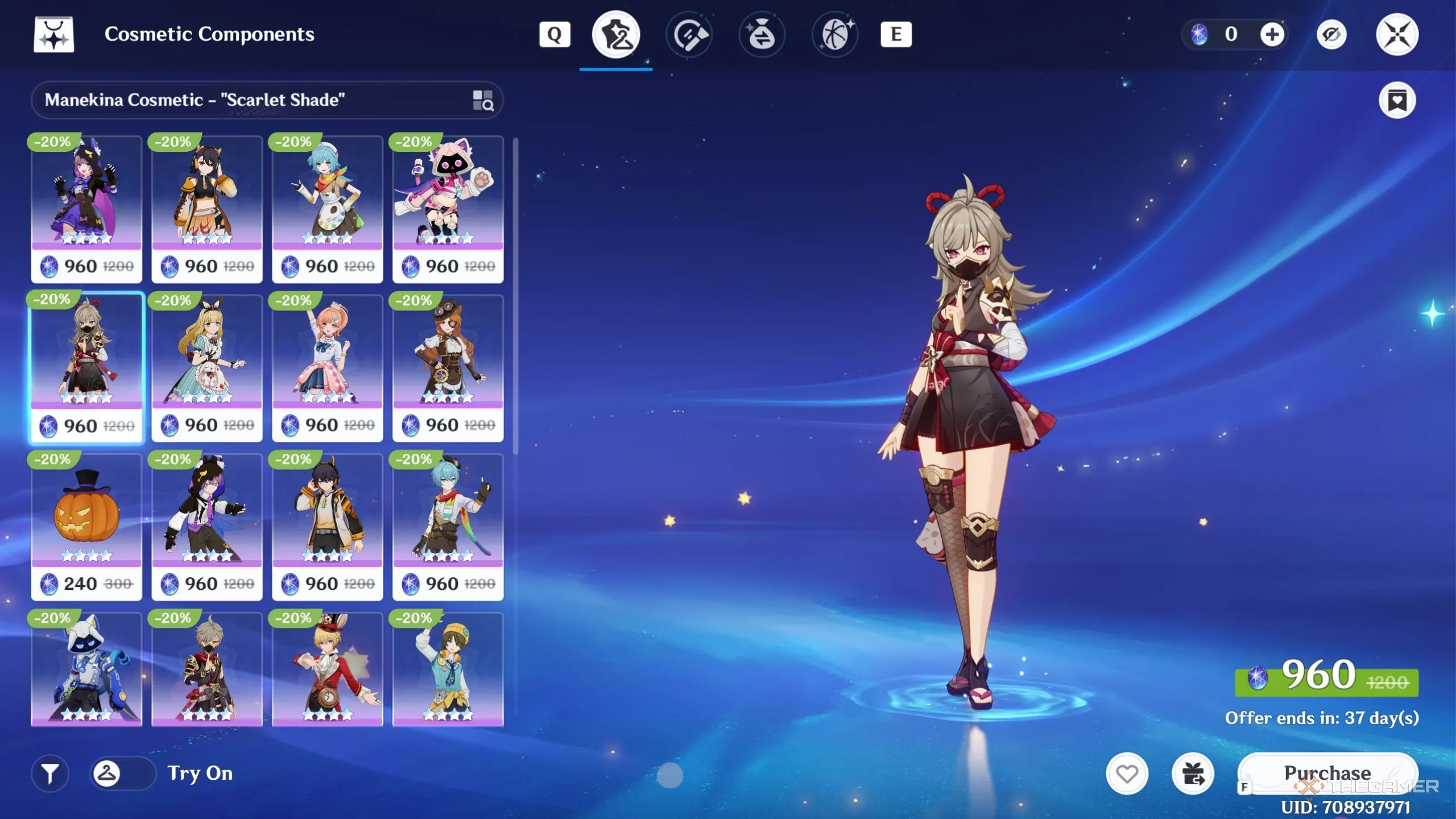 Giao diện cửa hàng trang phục Miliastra Shop hiển thị phần Cosmetic Components và các lựa chọn đổi bằng Chronal Nexus.