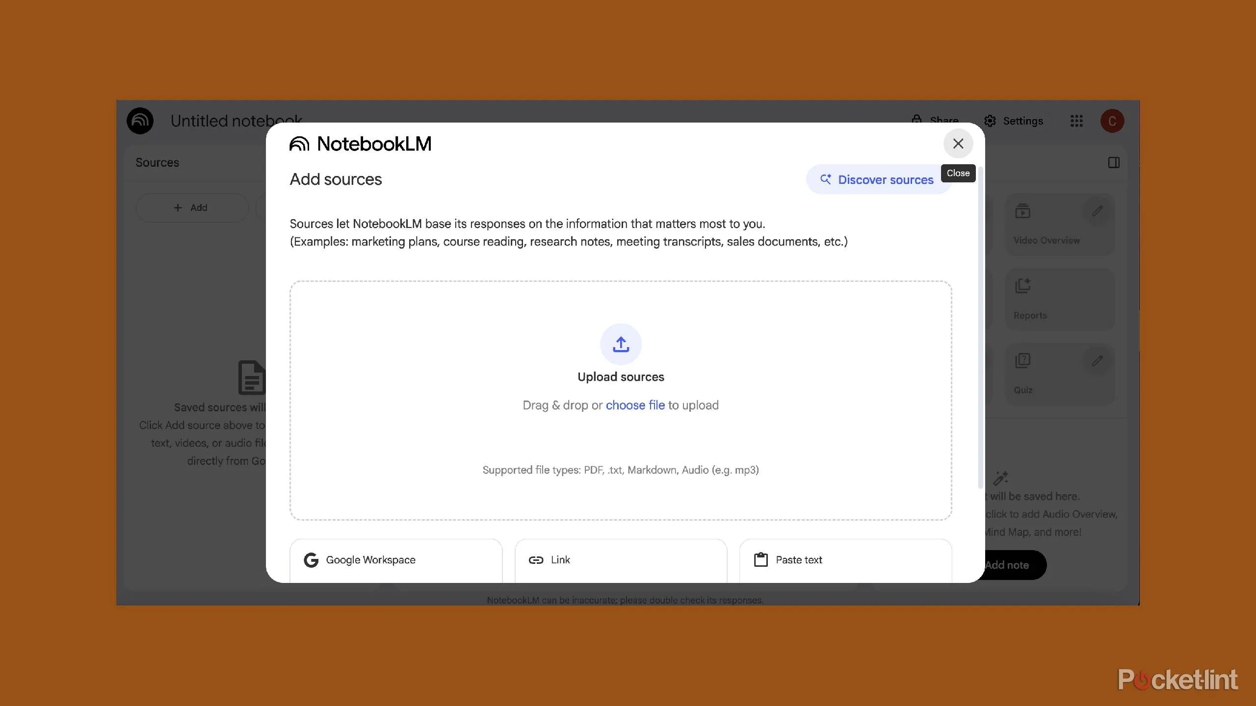 Giao diện Discover Sources trong NotebookLM cho phép nhập từ khóa tìm kiếm