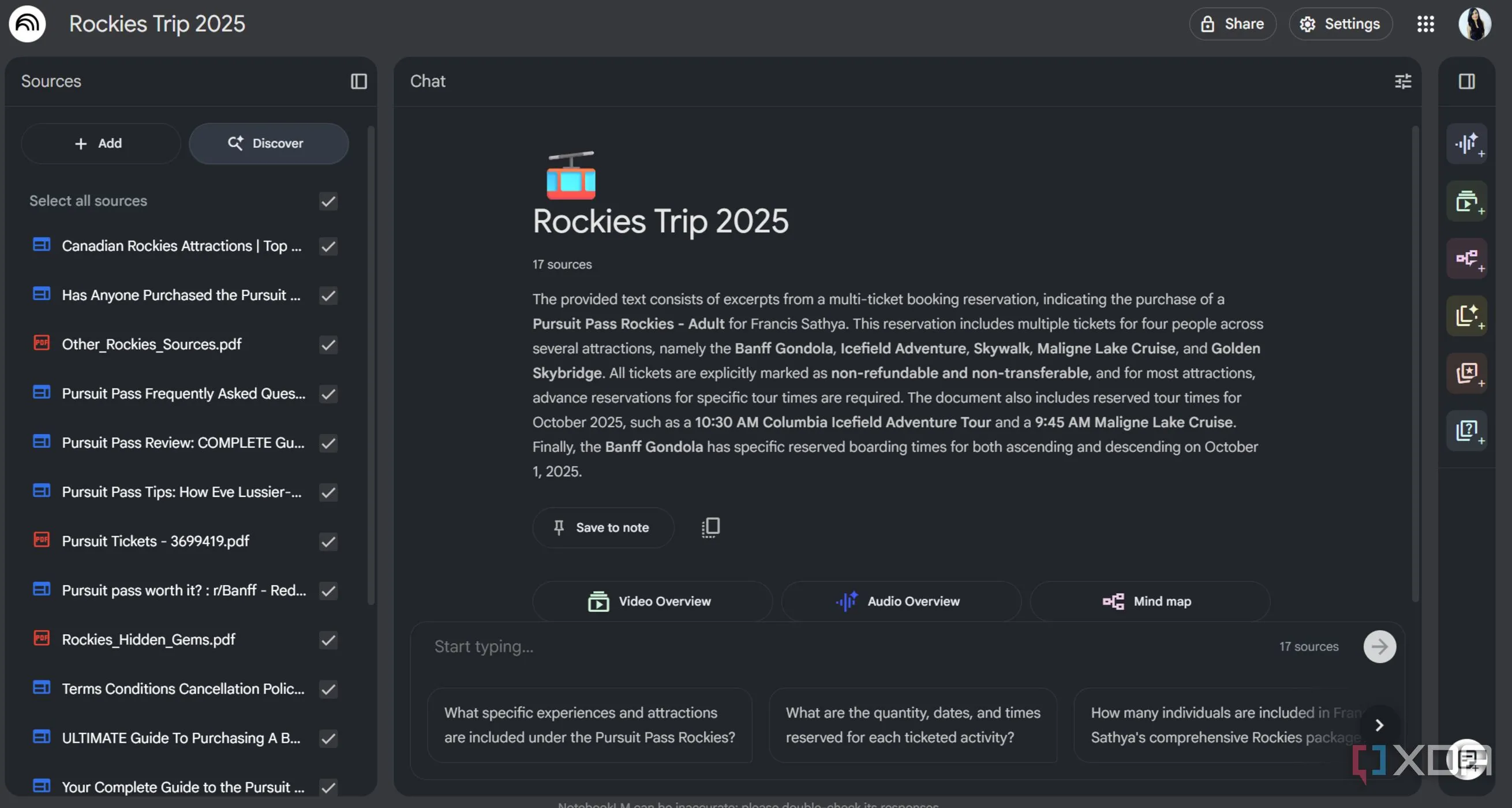 Giao diện ghi chú chuyến Rockies trong NotebookLM