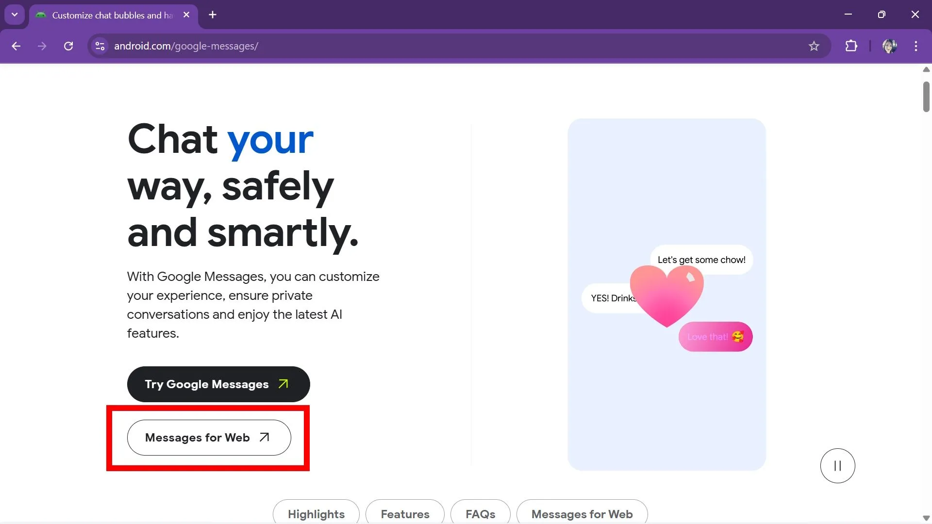 Giao diện Messages for Web trên trình duyệt, ô bôi đỏ làm nổi bật nút Messages for Web