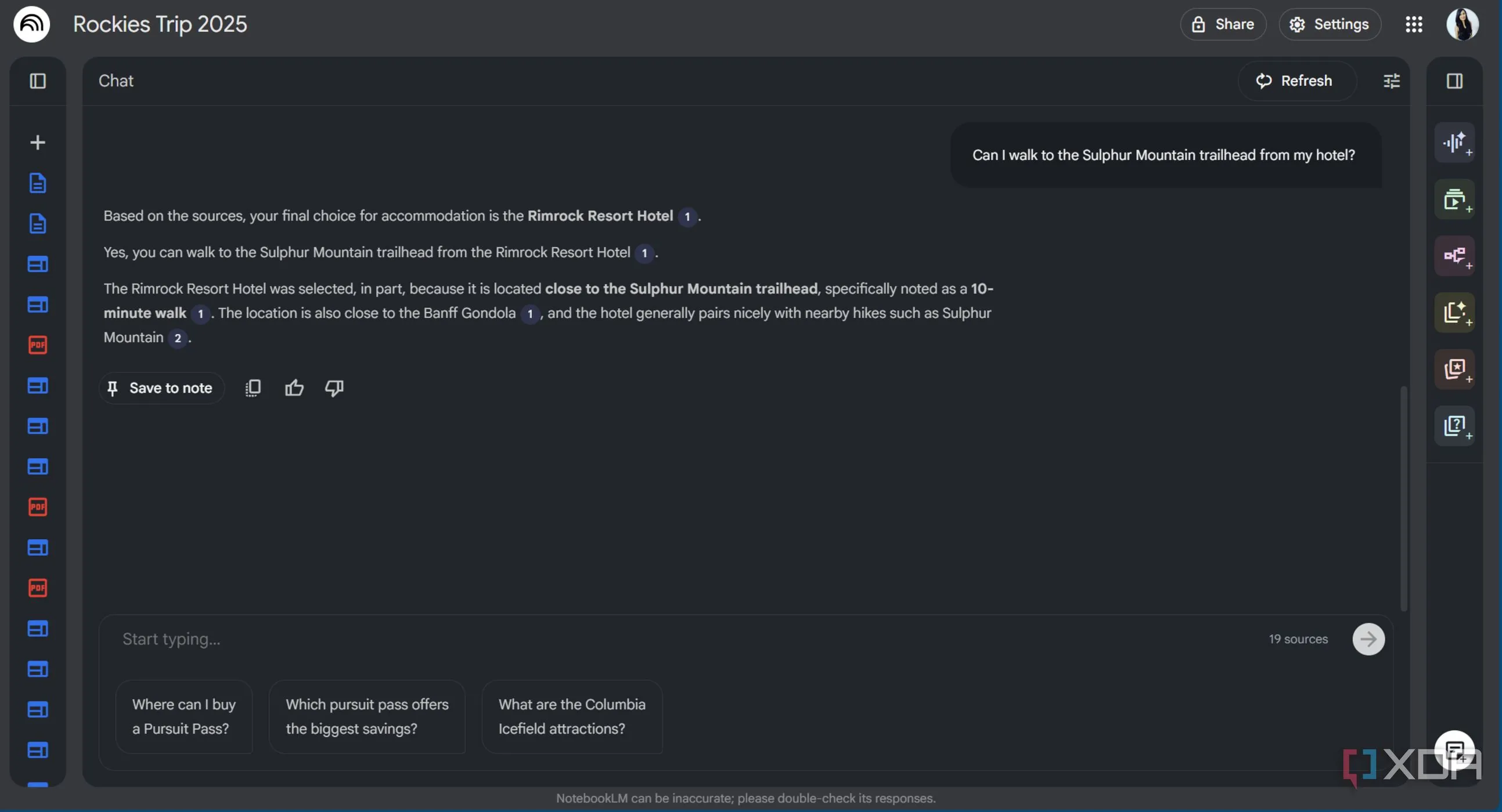 Giao diện ngữ cảnh ra quyết định trong NotebookLM cho chuyến Rockies