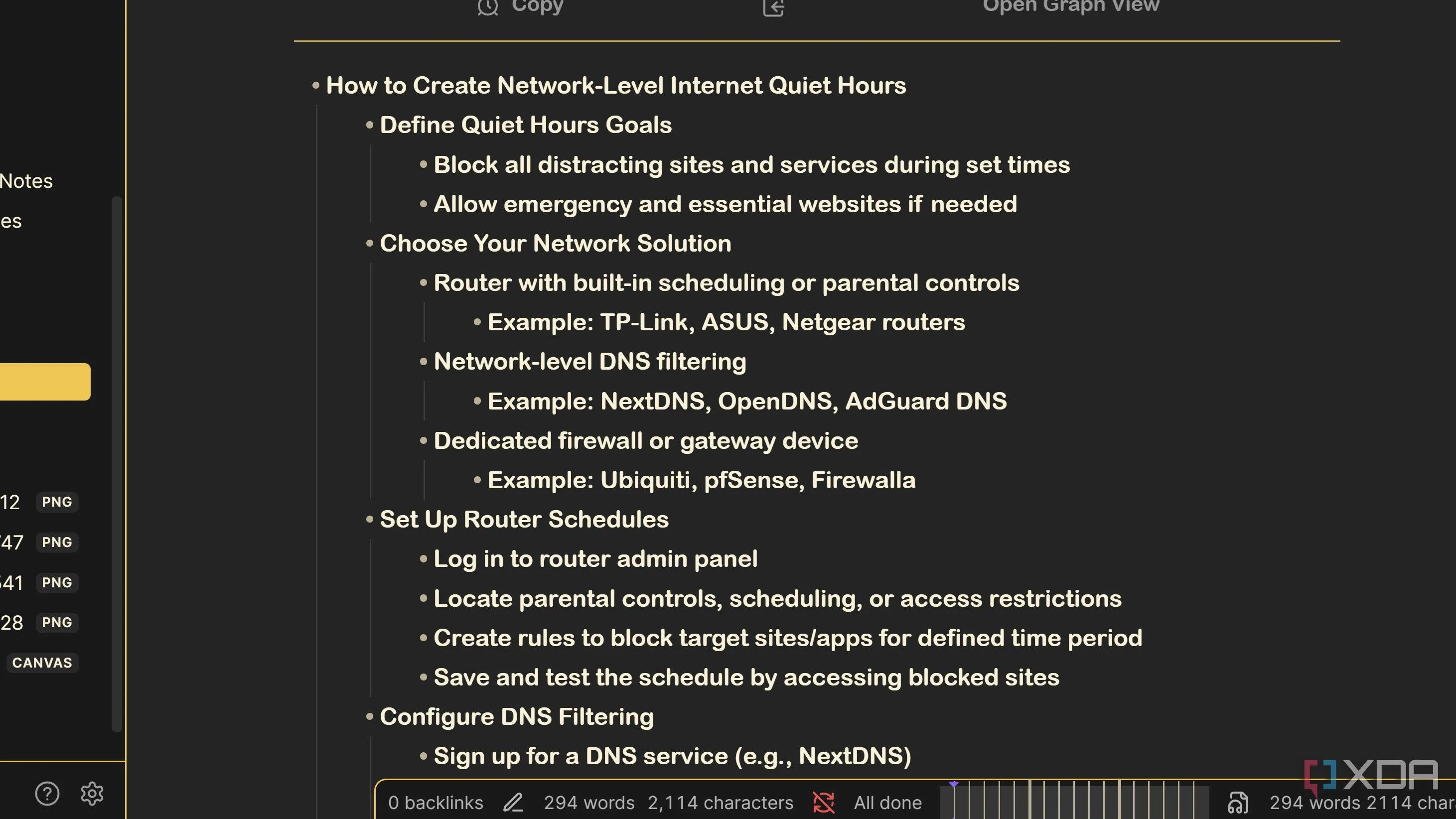 Giao diện Outliner trên Obsidian với chú thích chế độ yên tĩnh và thu gọn phần ghi chú