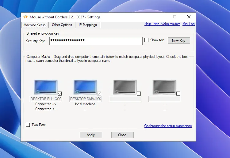 Giao diện settings của Mouse Without Borders hiển thị ma trận và tuỳ chọn kéo sắp xếp màn hình