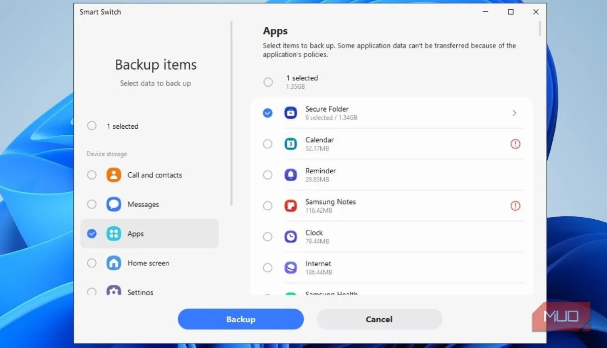 Giao diện Smart Switch trên PC hiển thị tiến trình sao lưu Secure Folder từ điện thoại Galaxy
