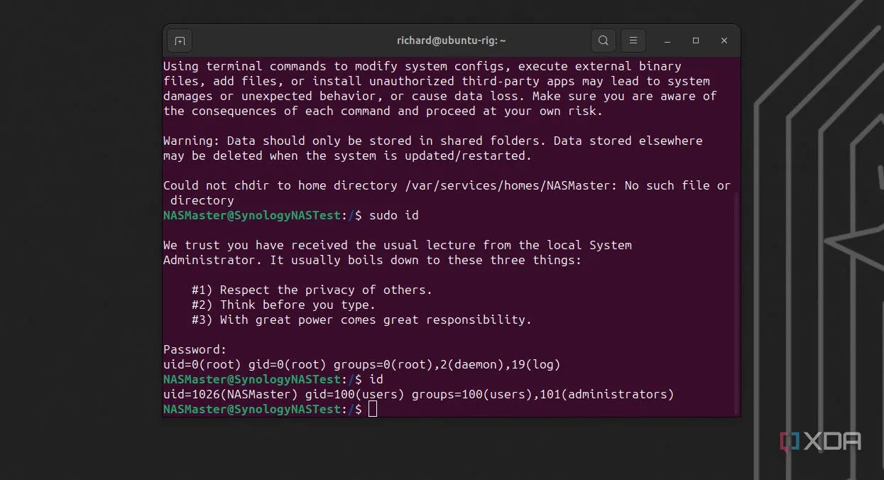 Giao diện SSH trên Synology DSM hiển thị terminal truy cập từ xa