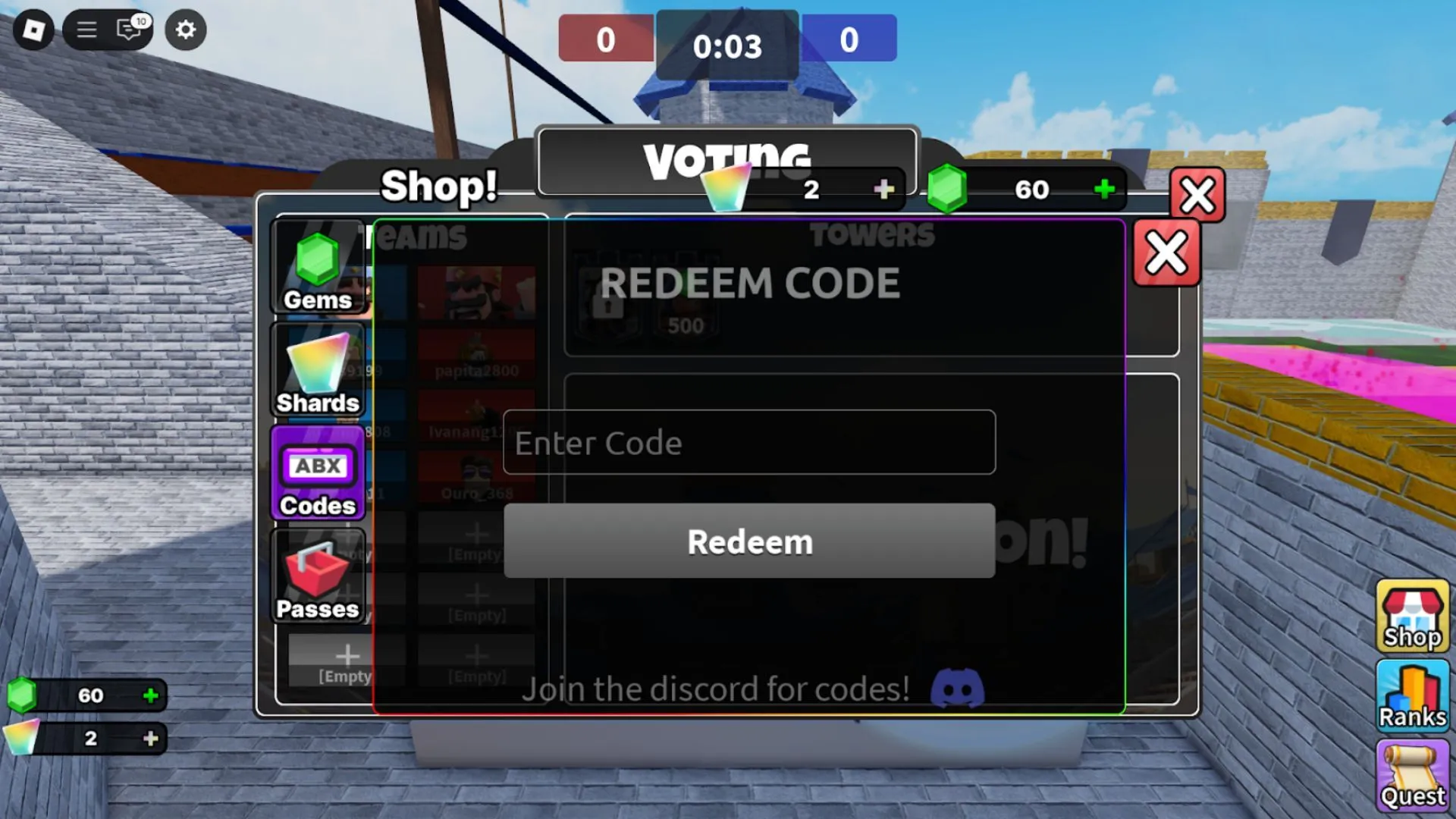 Giao diện tab Codes trong Shop của Clashers Royale trên Roblox, nơi nhập mã đổi quà