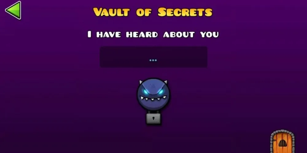 Giao diện Vault of Secrets trong Geometry Dash, hiển thị ô nhập mã và các biểu tượng đặc biệt